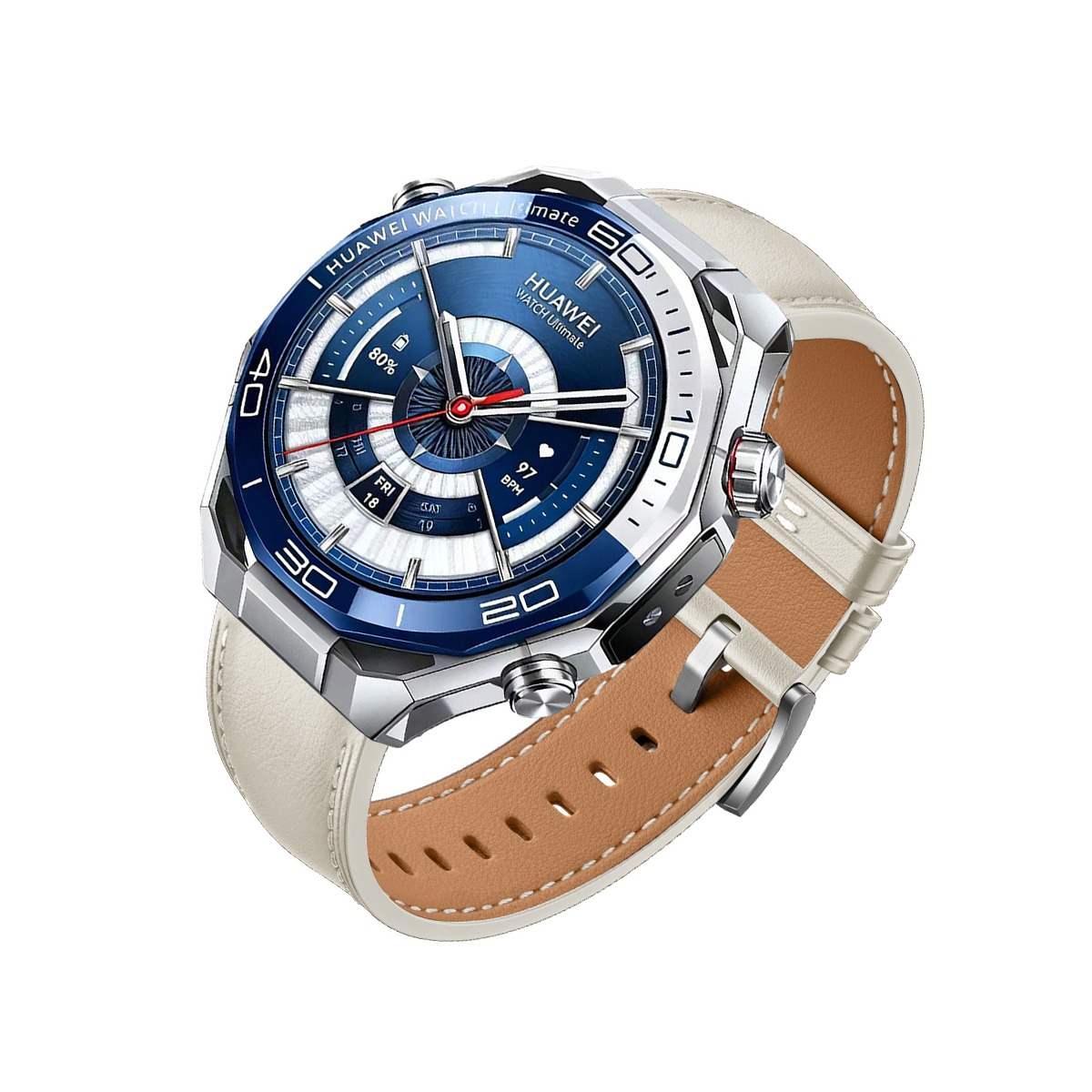 Eine silberne und blaue Huawei Smartwatch mit weißem Lederarmband.