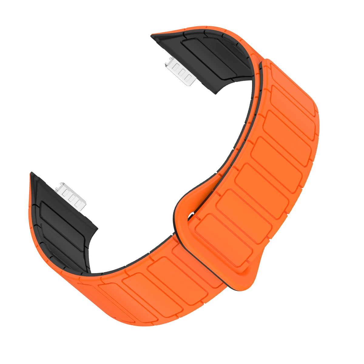 Ein orangefarbenes, flexibles Armband mit schwarzen Einsätzen und silbernen Verbindungsstücken.