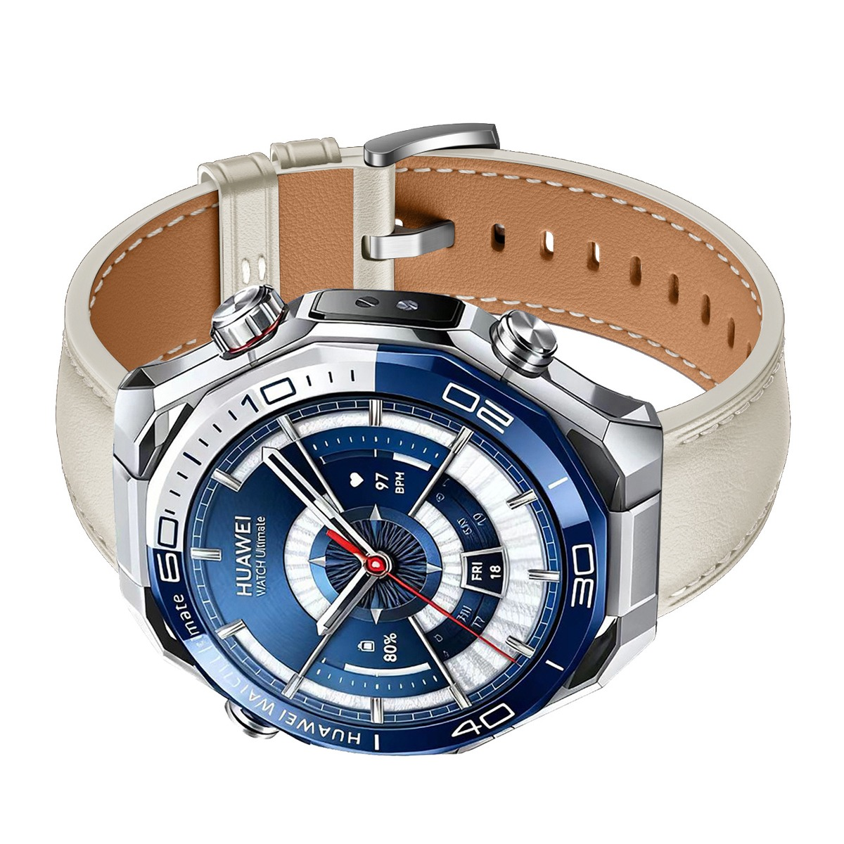 Eine Nahaufnahme einer silbernen Smartwatch mit blauem Zifferblatt und weißem Lederarmband.