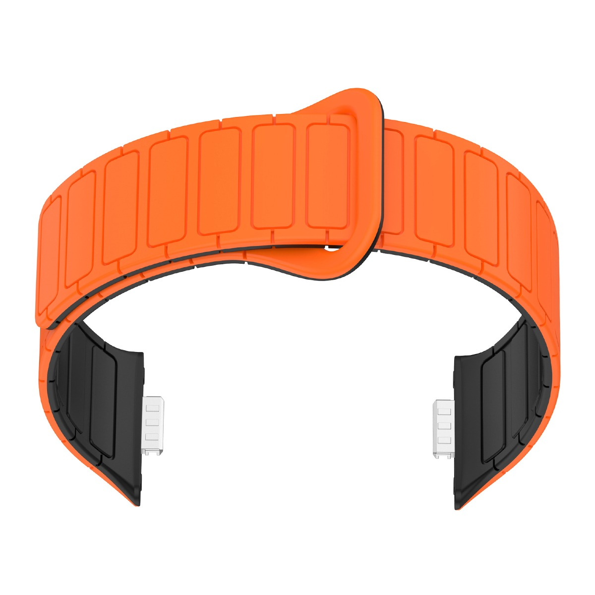 Orange Uhrenarmband mit schwarzer Innenseite und silbernen Verbindern. Texturierte Oberfläche.