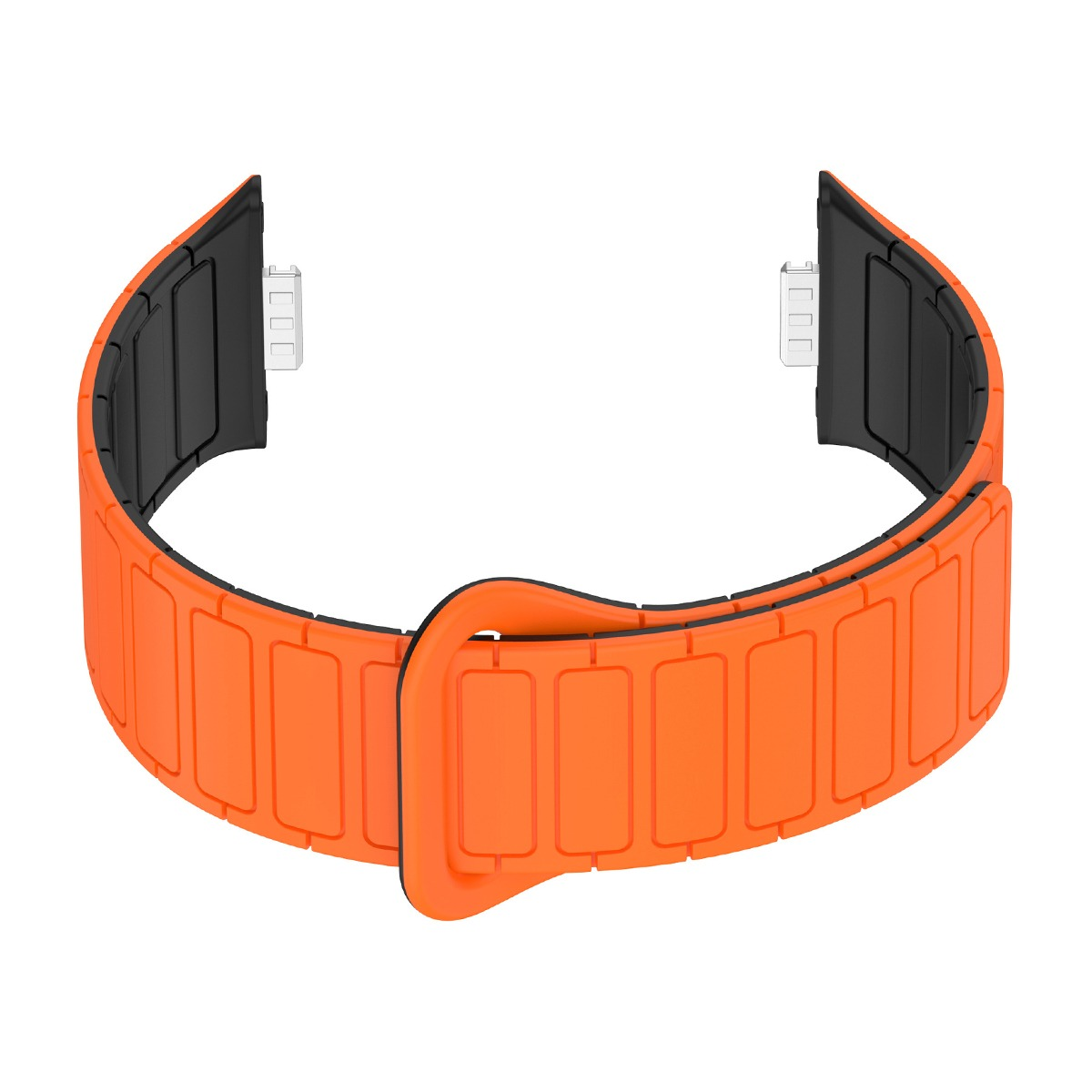 Ein orangefarbenes Uhrenarmband mit schwarzem Innenmaterial und silbernen Anschlüssen.