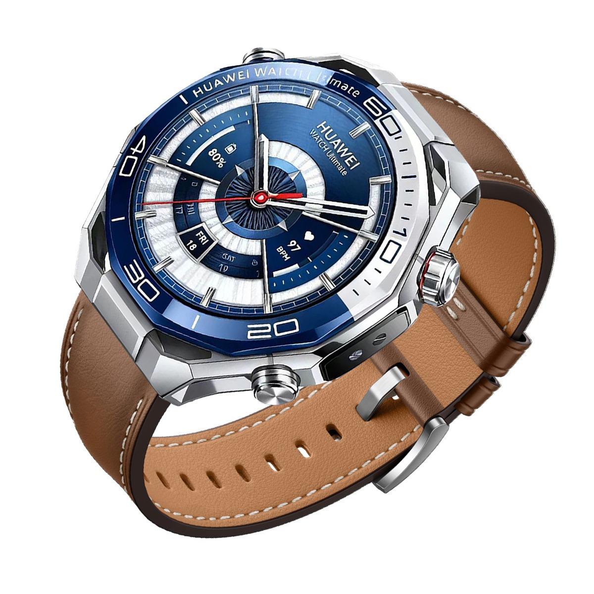 Eine Huawei Watch Ultimate mit blauem Zifferblatt, silbernem Gehäuse und braunem Lederarmband.