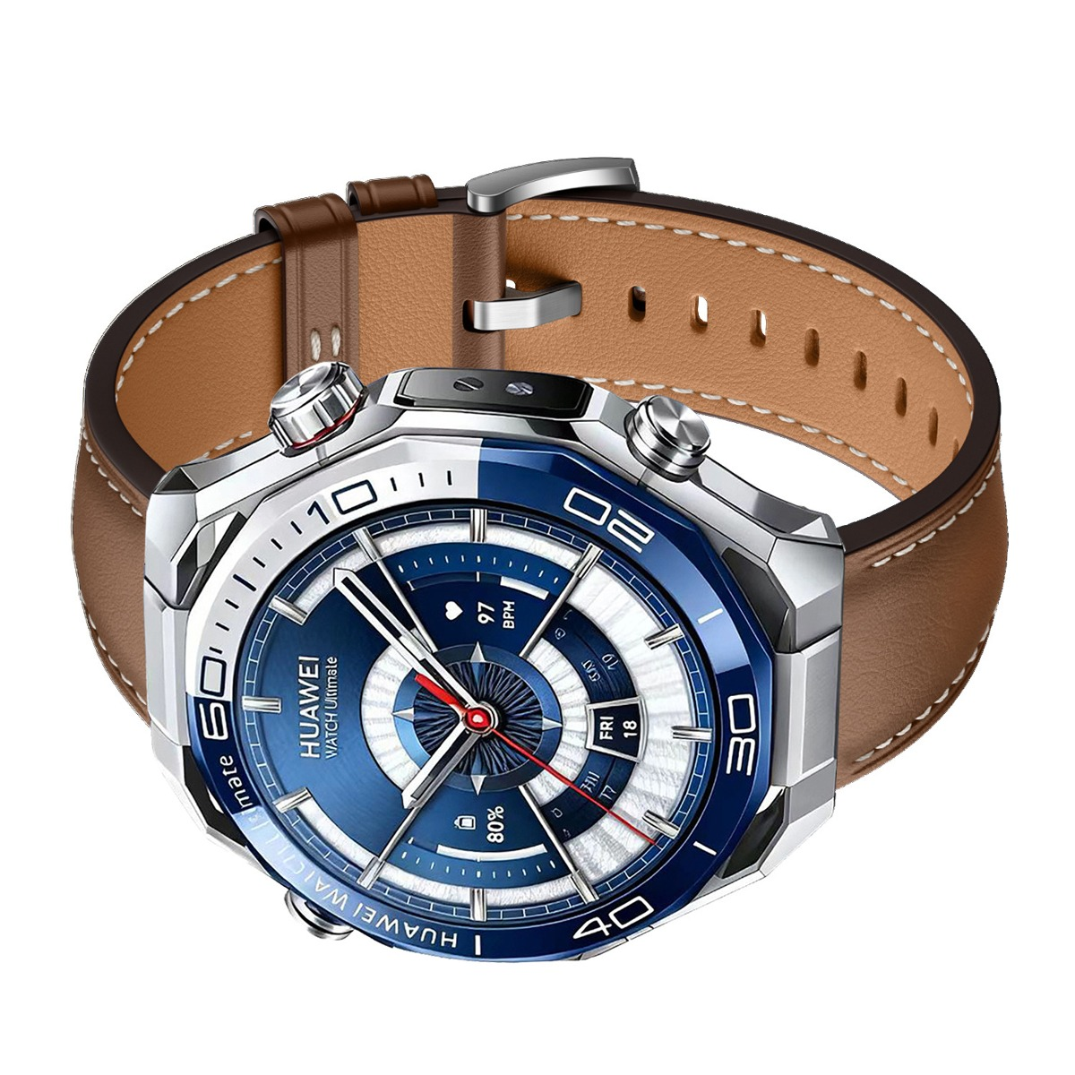 Eine Huawei Smartwatch mit blauem Zifferblatt und braunem Lederarmband.