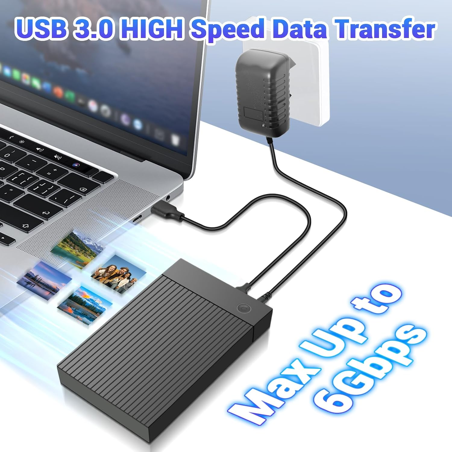 Externe Festplatte mit Laptop verbunden, USB 3.0, 6 Gbps.