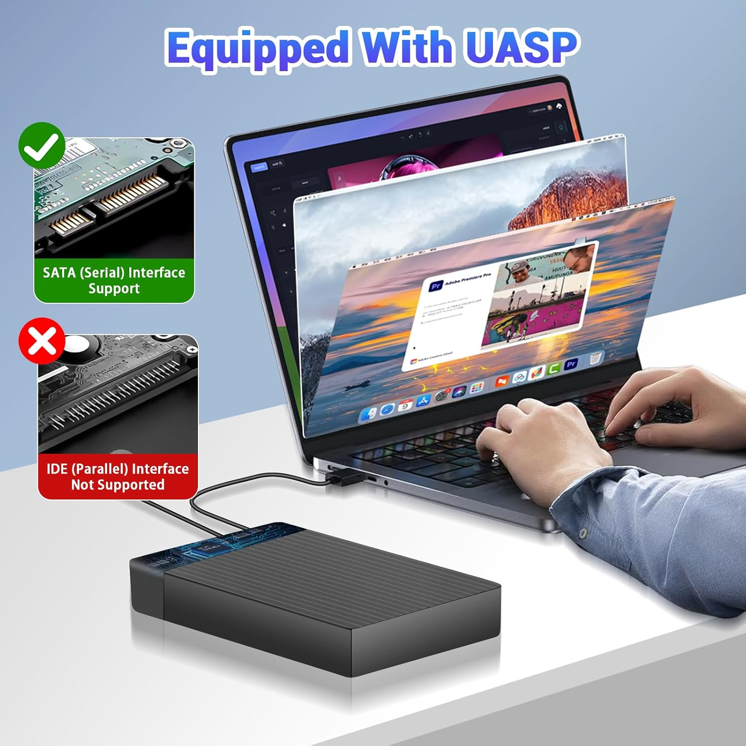 Ein Laptop ist über UASP mit einem externen Laufwerk verbunden. SATA wird unterstützt.