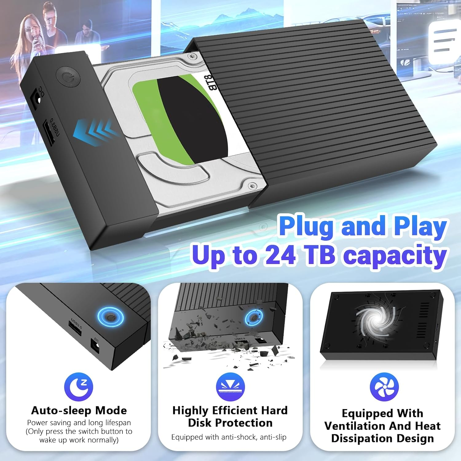 Externe Festplattengehäuse mit USB 3.0, DC, Auto-Sleep, Stoßschutz und Lüfter.