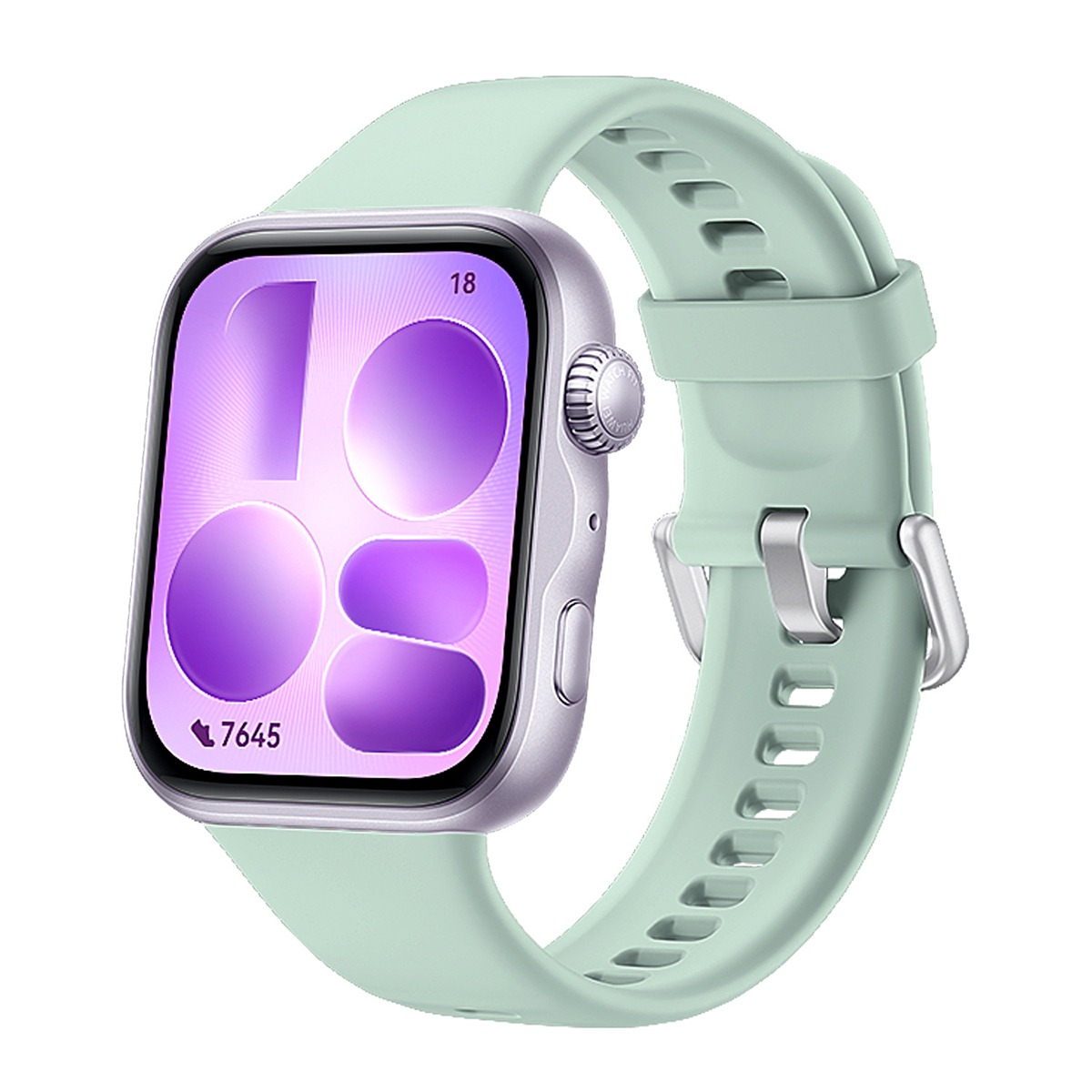 Eine mintgrüne Smartwatch mit silbernem Gehäuse und lila Zifferblatt.
