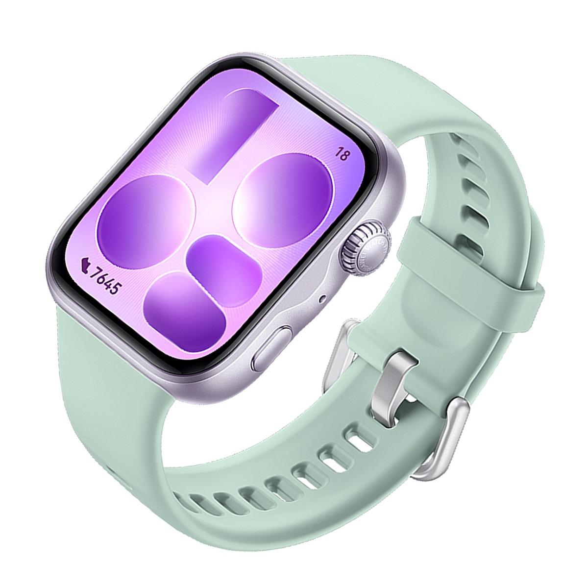 Eine silberne Smartwatch mit mintgrünem Armband und violettem Zifferblatt.
