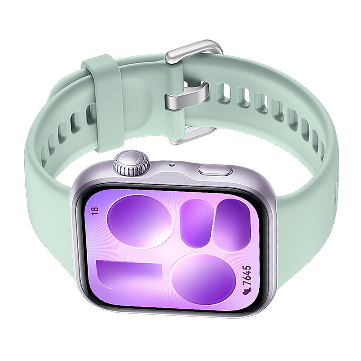 Eine hellgrüne Smartwatch mit silbernem Gehäuse und lila Zifferblatt.
