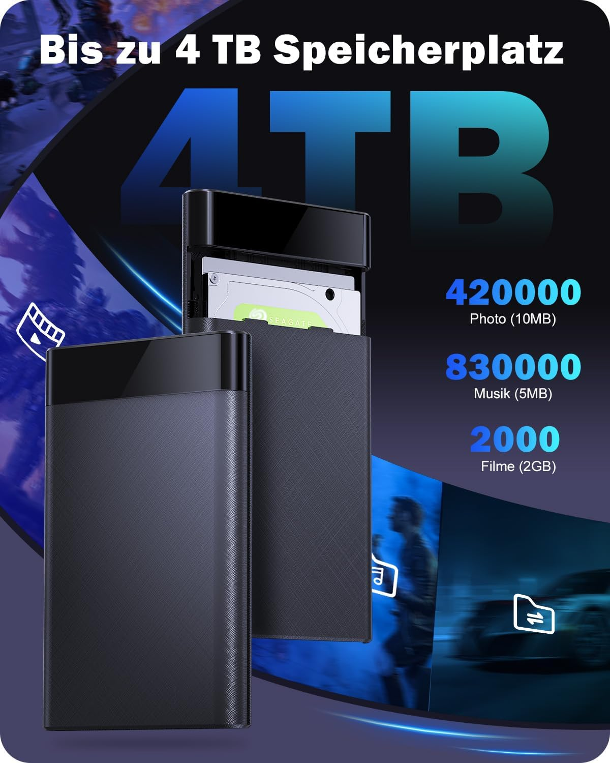 Schwarzes Gehäuse mit 4TB Speicherplatz. Enthält eine Festplatte.