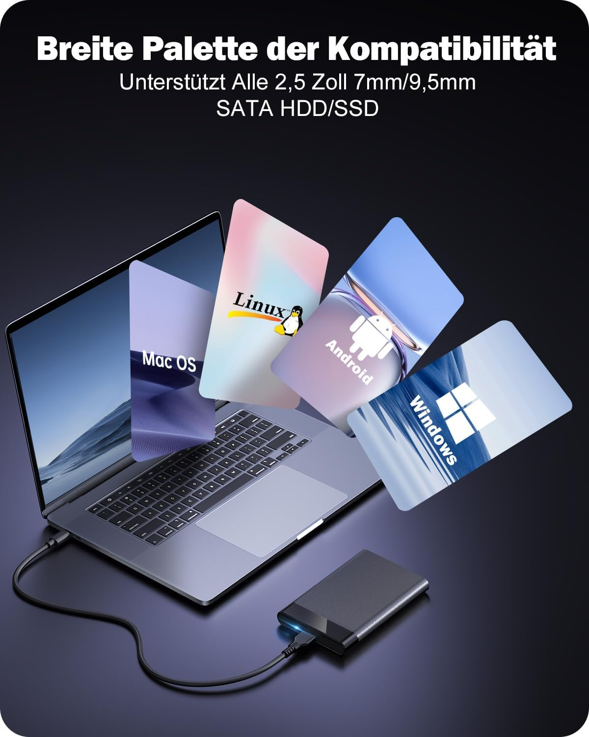 Laptop mit externer Festplatte, zeigt Logos von Mac OS, Linux, Android und Windows.