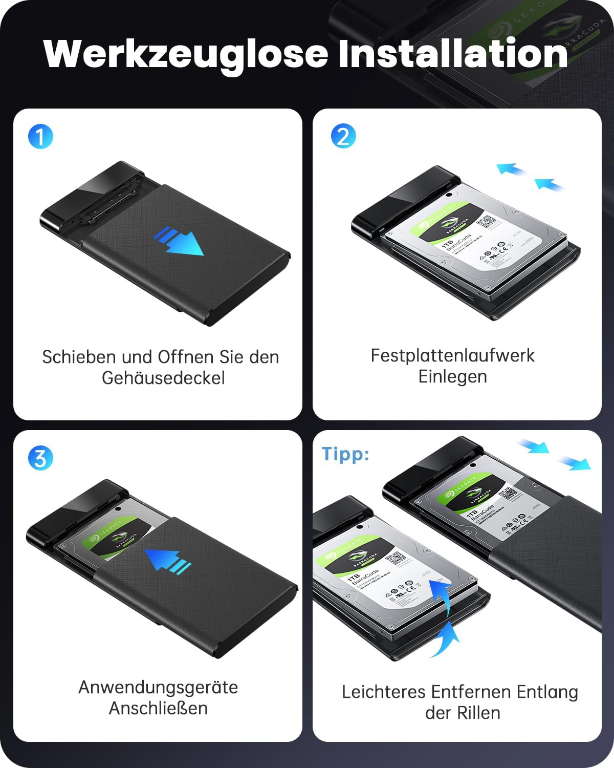 Vier Schritte zur Installation einer Festplatte in ein Gehäuse.