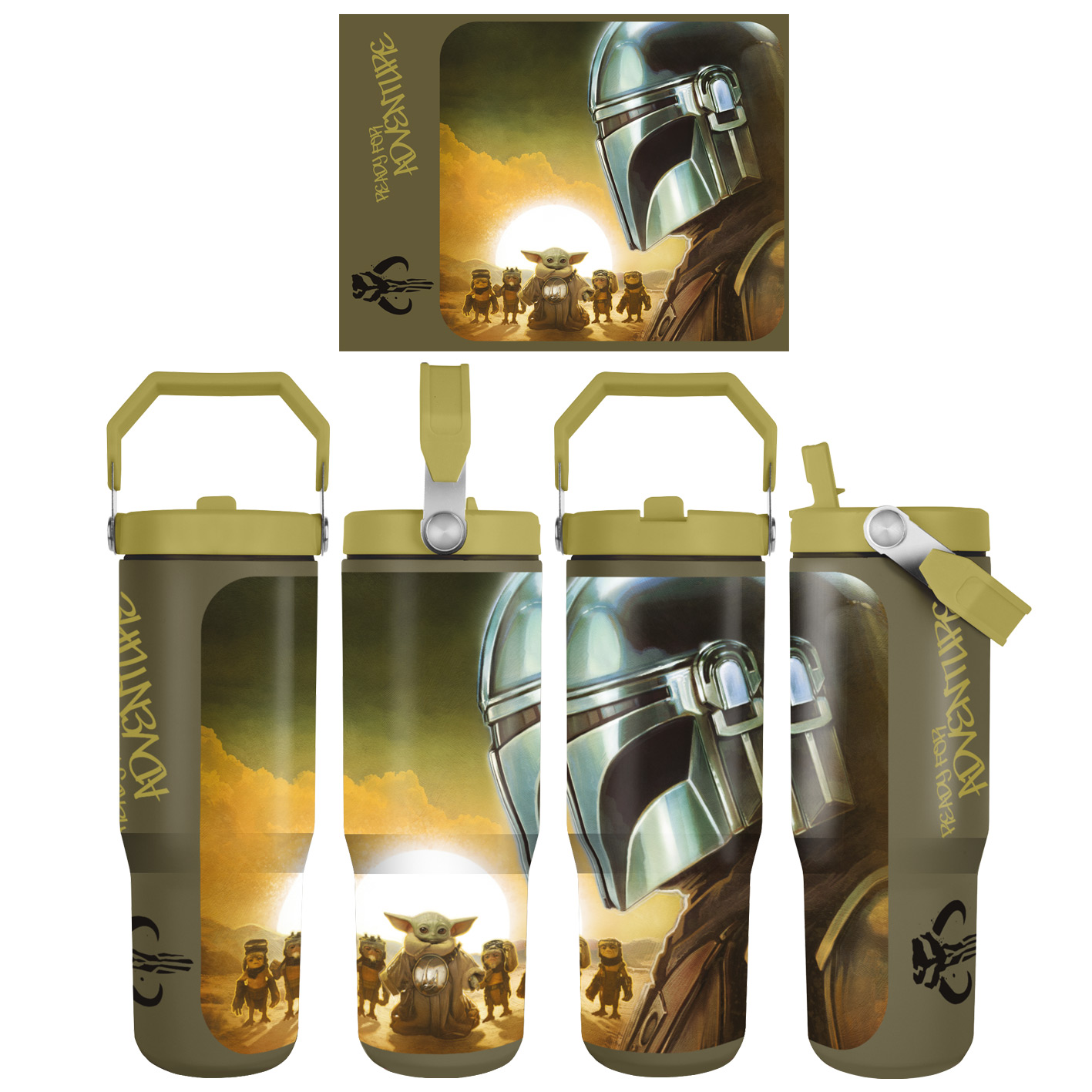 Mandalorian und Grogu mit Baby Yoda auf einem Becher. "READY FOR ADVENTURE".