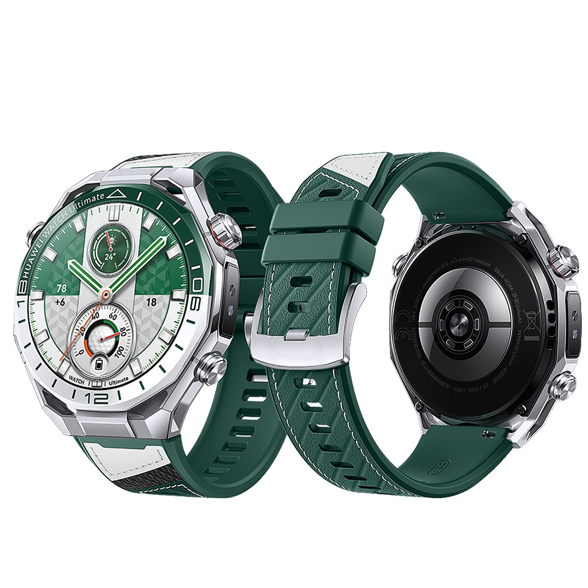 Eine grüne und silberne Huawei Watch Ultimate mit Digitalanzeige und grünem Armband.