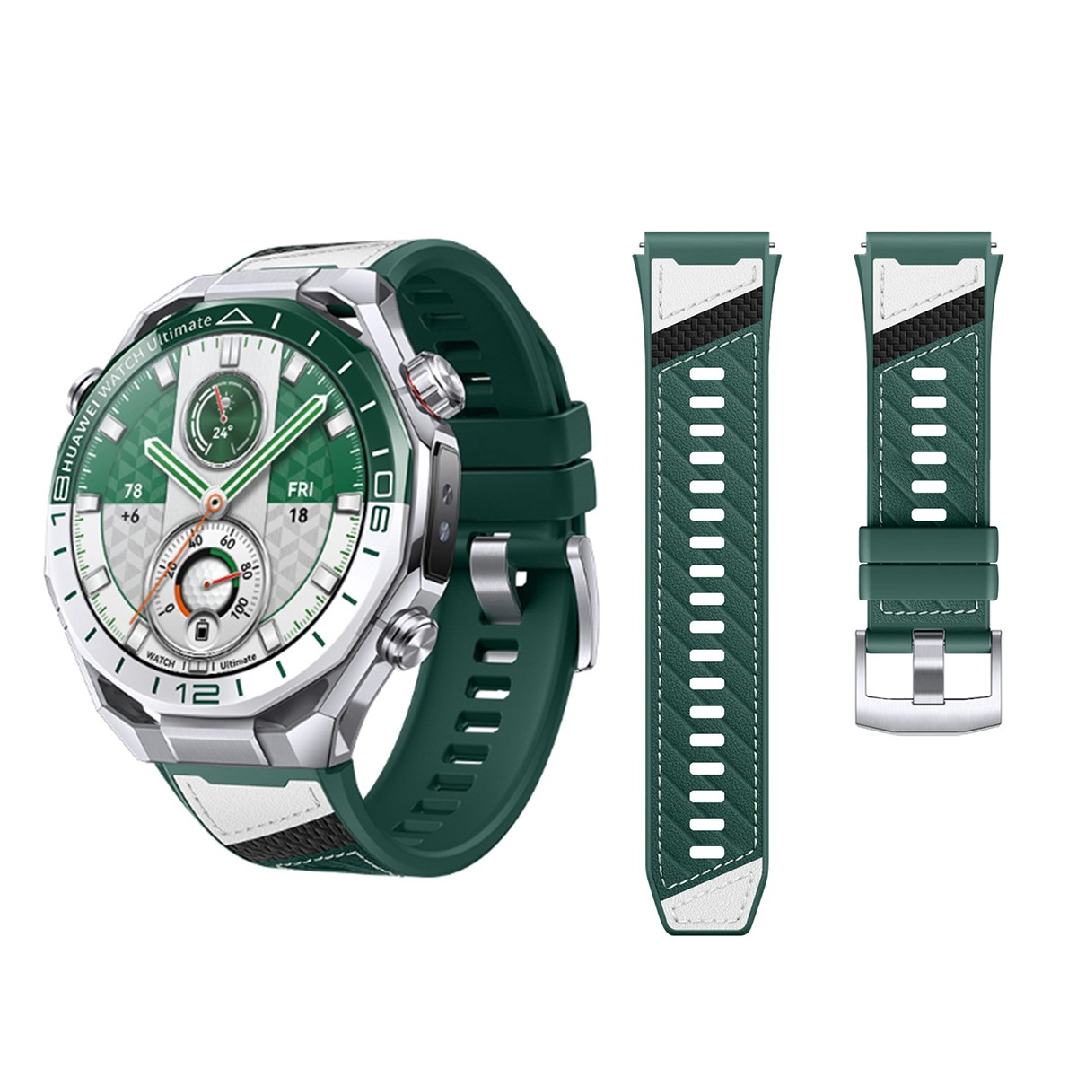 Grüne Smartwatch mit silbernem Gehäuse und zwei Ersatzarmbändern.