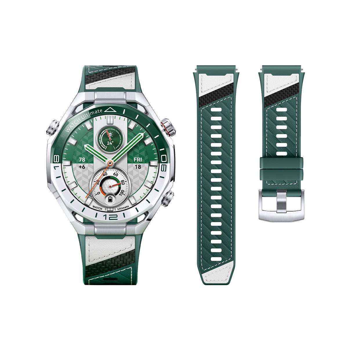 Grüne und weiße Smartwatch mit zwei Ersatzarmbändern auf weißem Hintergrund.