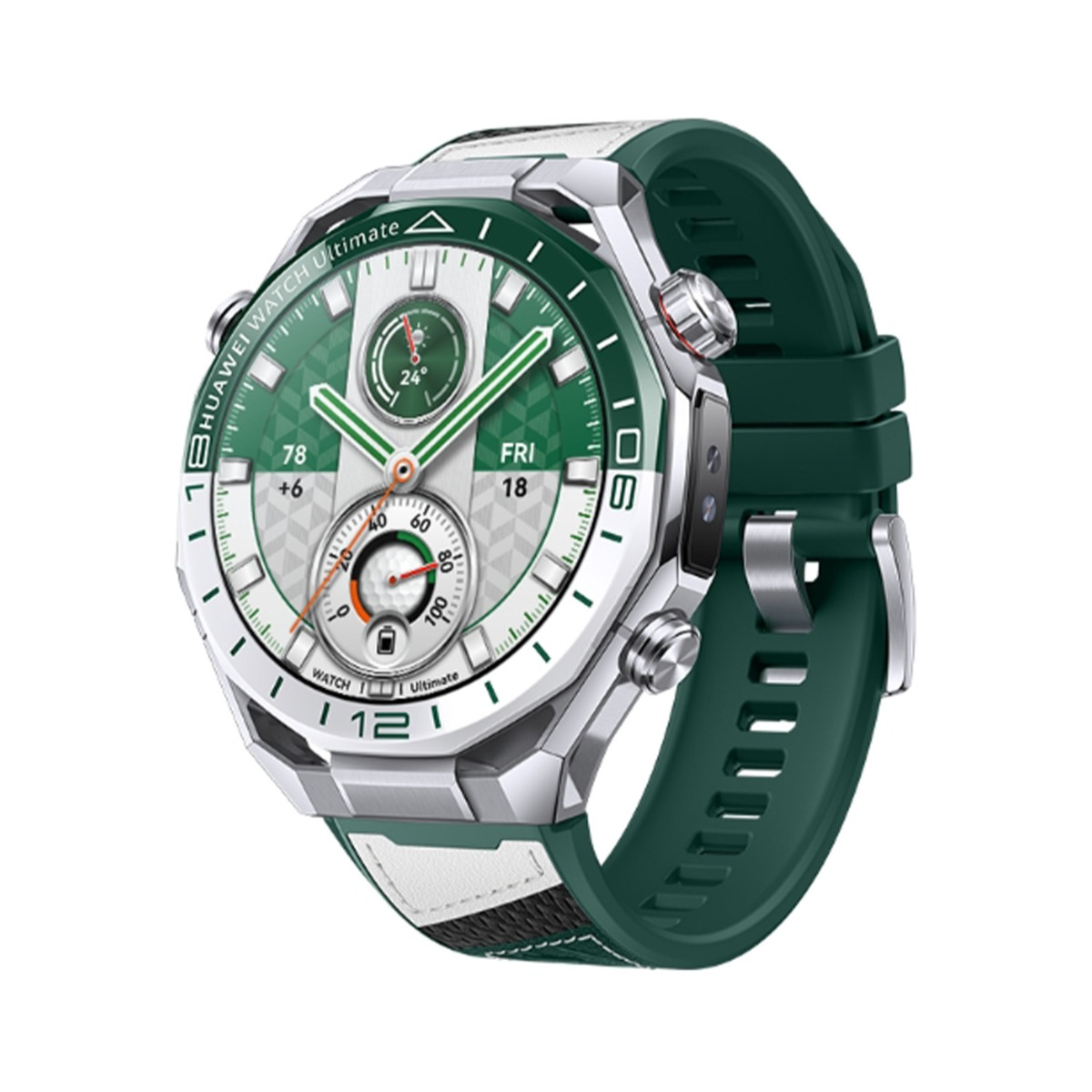 Eine grüne und silberne Huawei Smartwatch mit rundem Zifferblatt und dunkelgrünem Band.