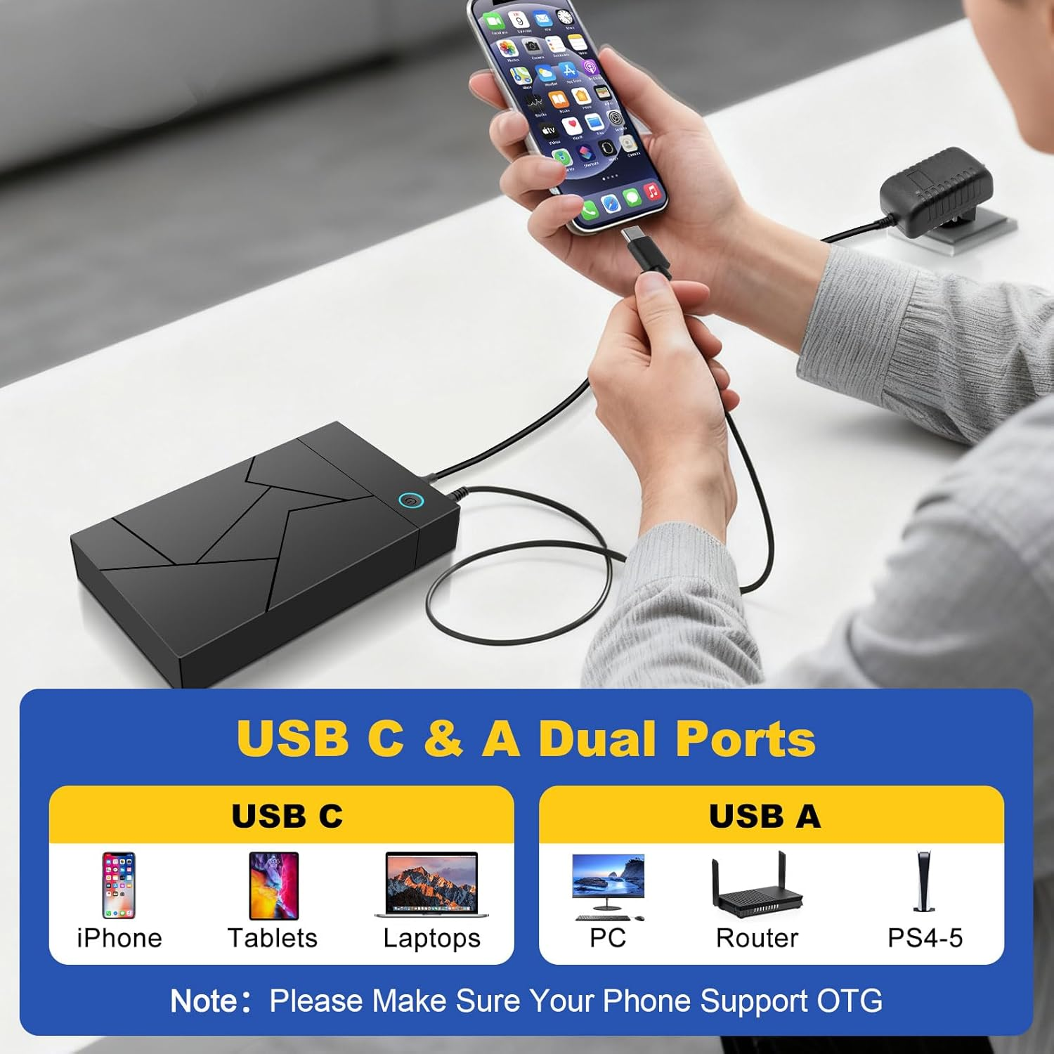 Person schließt USB-C-Kabel an iPhone an, neben externer Festplatte.
