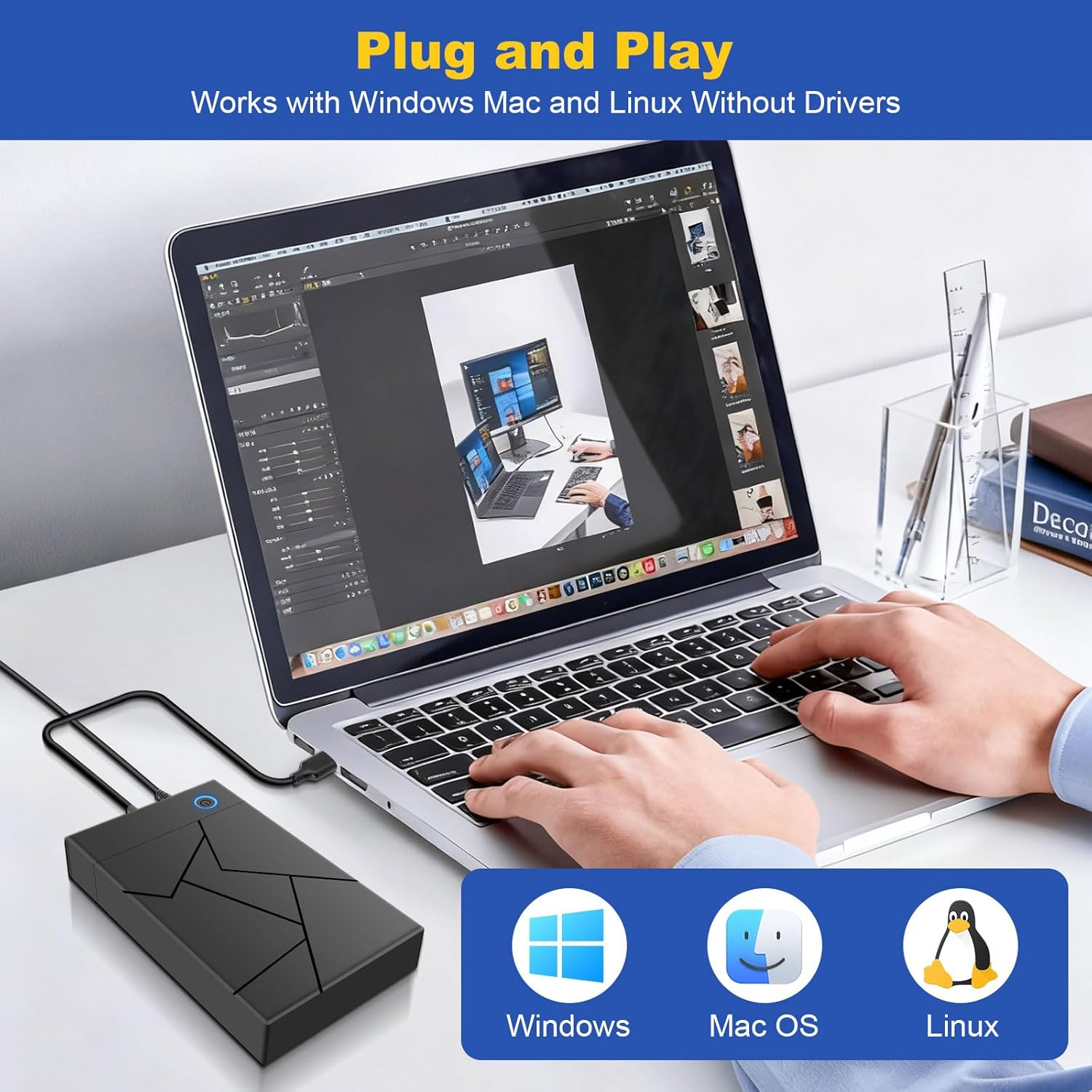 Eine schwarze externe Festplatte wird an einen Laptop angeschlossen. Symbole zeigen Kompatibilität mit Windows, Mac, Linux.