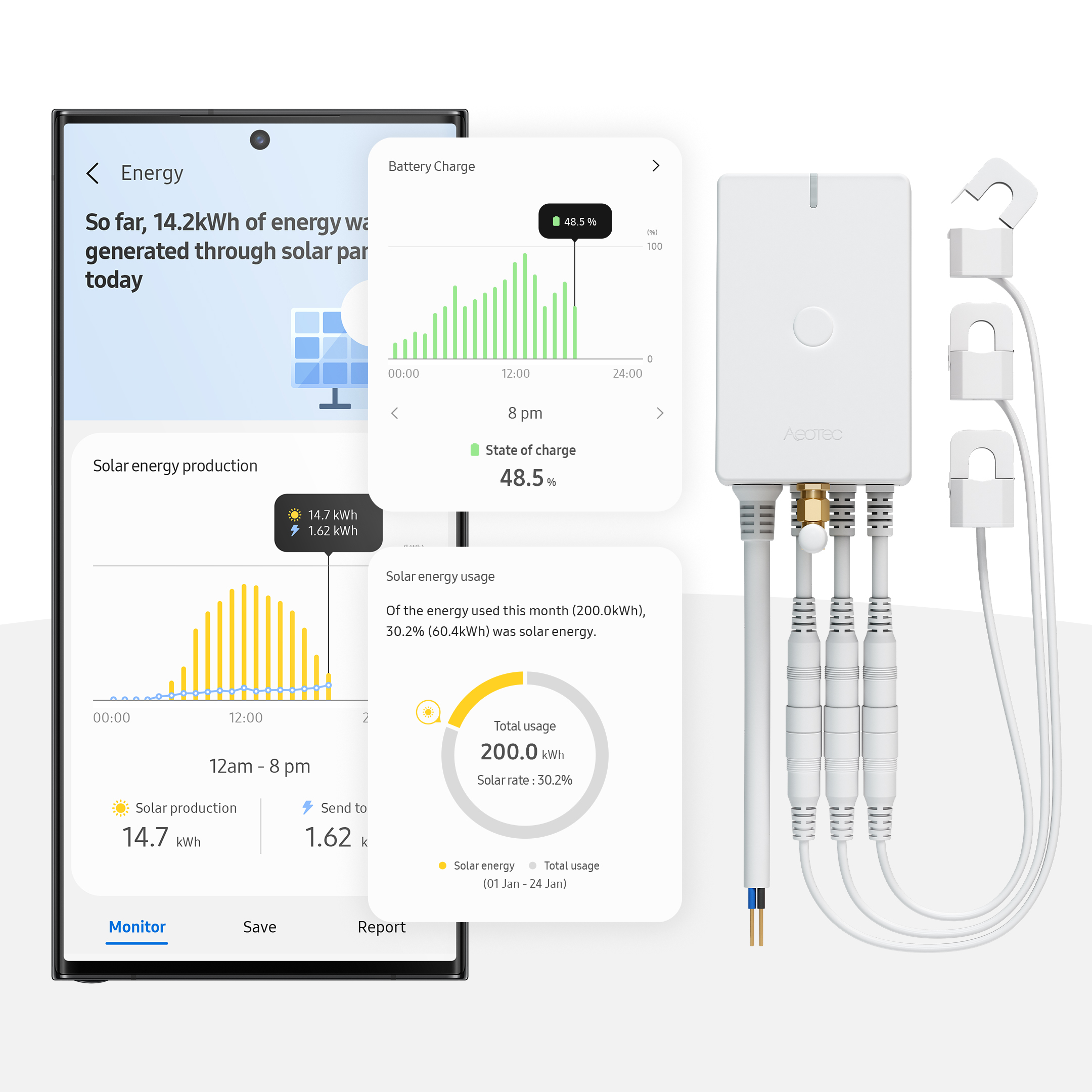 Ein Smartphone zeigt Energie-Daten, Solarproduktion und -verbrauch an. Ein weißes Gerät mit Klemmen ist daneben.