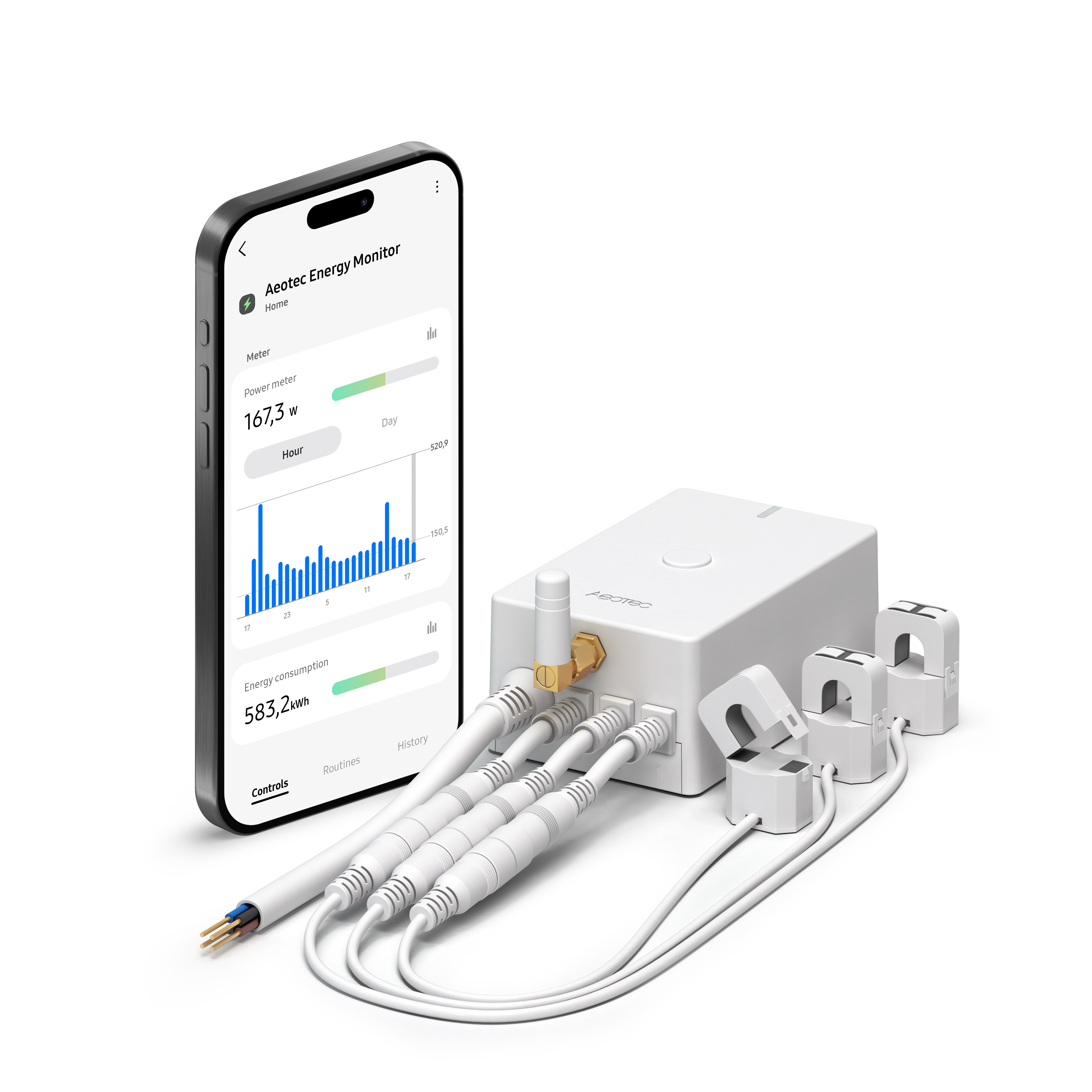 Ein Smartphone zeigt Energieverbrauchsdaten neben einem weißen Energiemonitor mit Strommessgeräten.