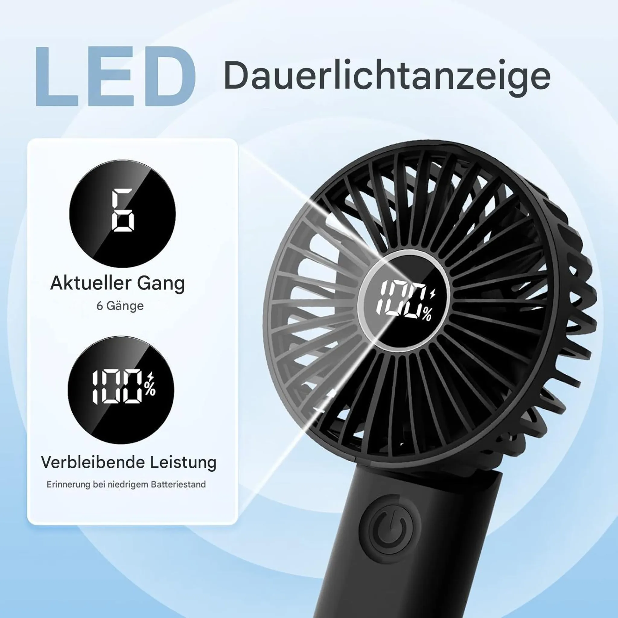 Schwarzer Ventilator mit LED-Anzeige für Gang und Batteriestand.
