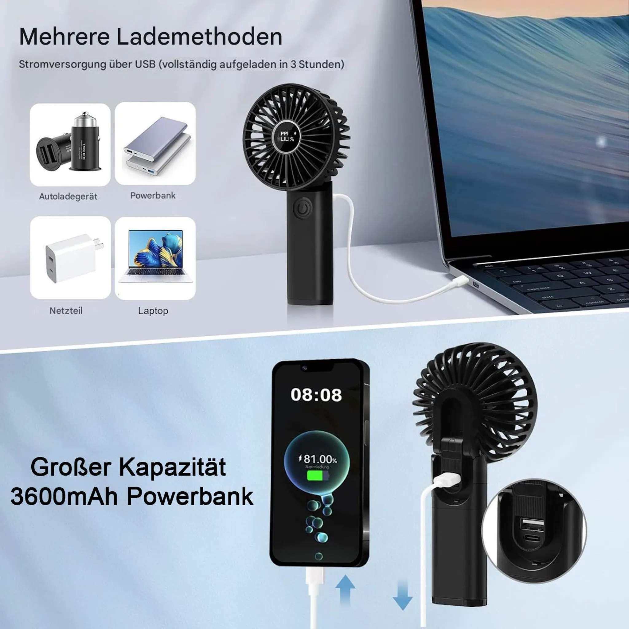 Ein schwarzer Handventilator wird gezeigt, der über verschiedene USB-Quellen aufgeladen wird.