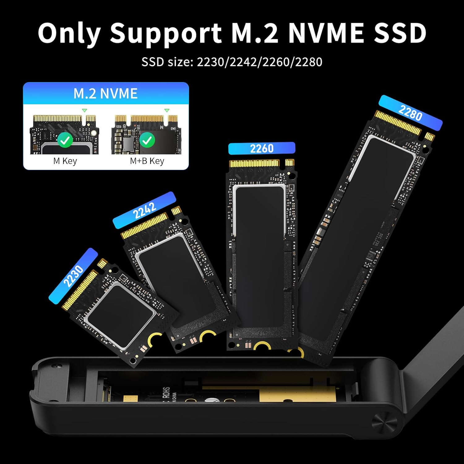 M.2 NVMe SSDs in Größen 2230, 2242, 2260, 2280, und ihre Schlüsseltypen.