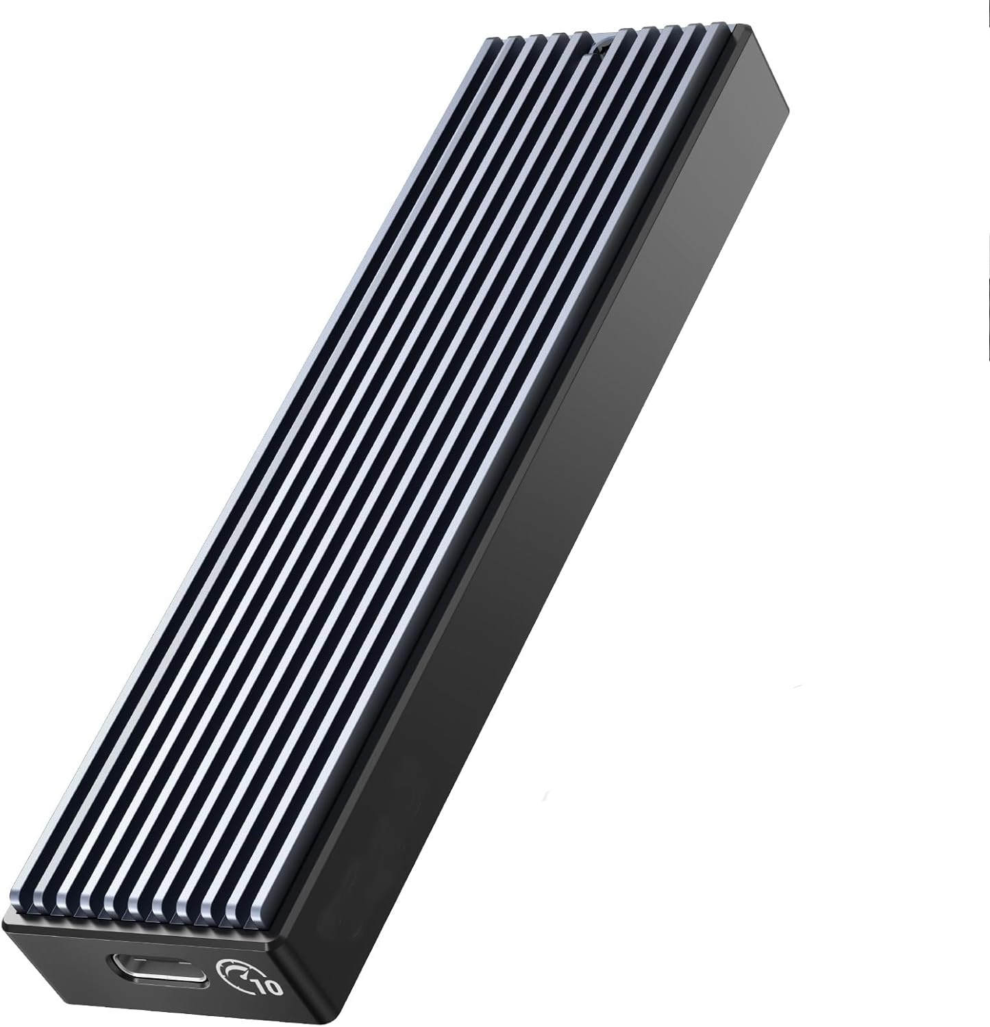 Ein schwarzes externes SSD-Gehäuse mit silbernen Lamellen und einem USB-C-Anschluss.