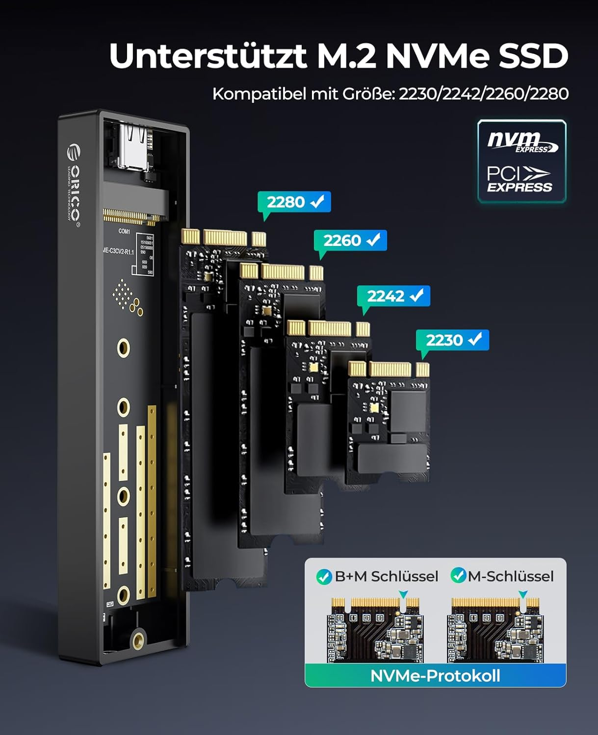 ORICO M.2 NVMe SSD-Gehäuse unterstützt Größen 2230-2280 mit NVMe-Protokoll.
