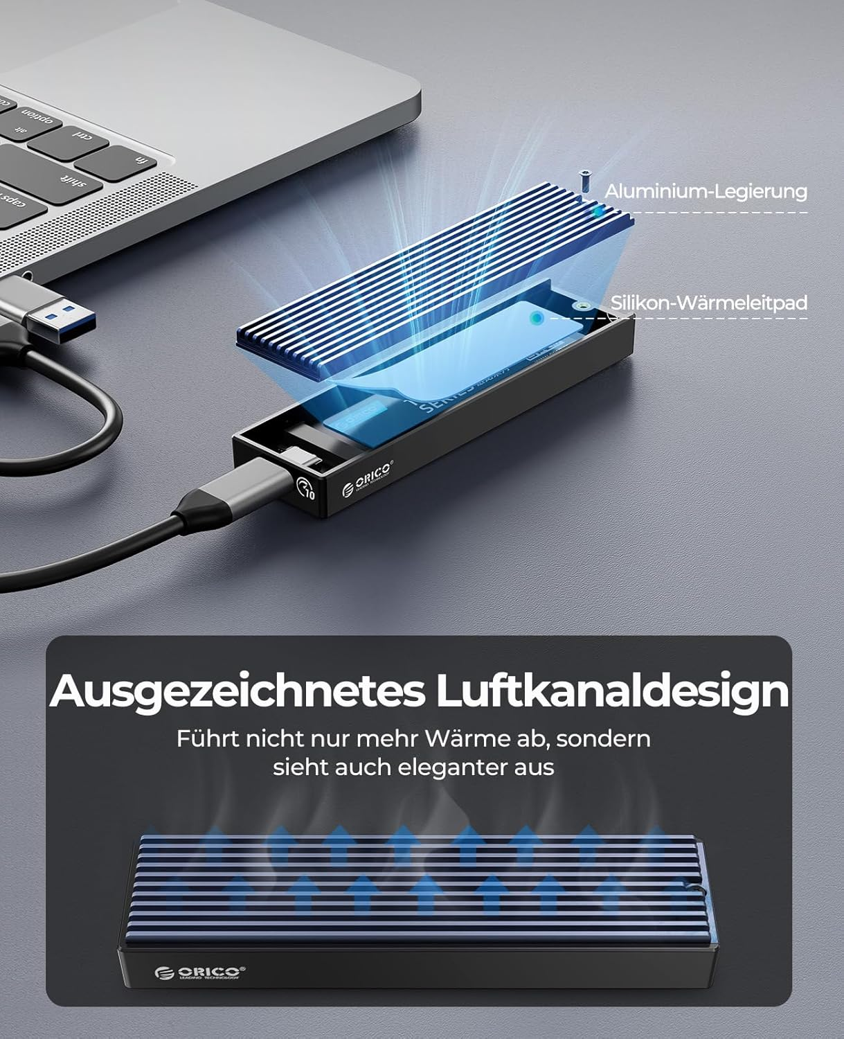Ein externer Festplatten-SSD-Schutz mit Aluminiumgehäuse und Kühlrippen.
