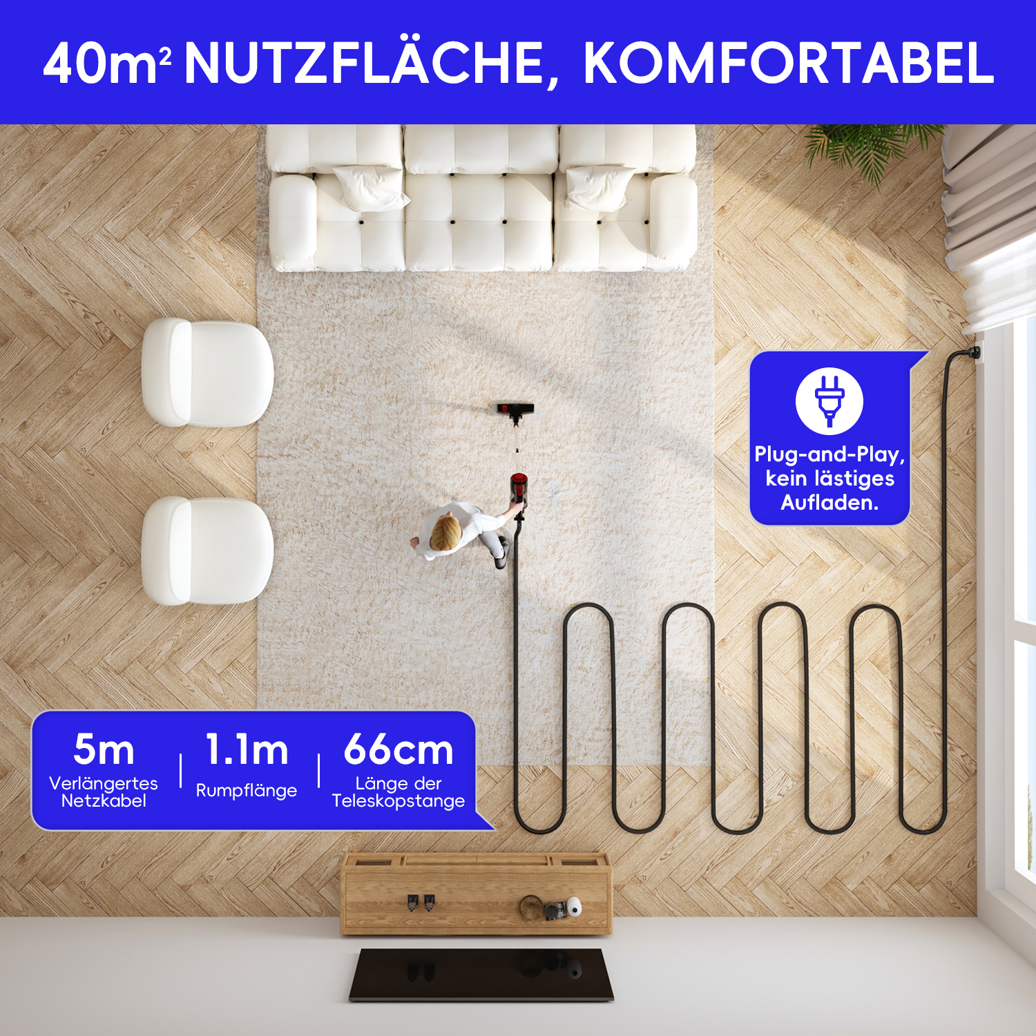 Ein Mann saugt einen Teppich in einem Wohnzimmer mit weißen Möbeln.