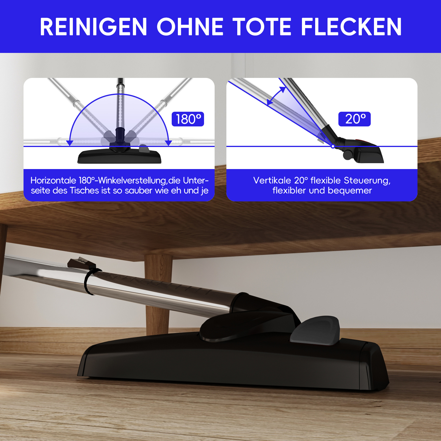 Staubsaugerdüse mit 180° horizontaler und 20° vertikaler Flexibilität.