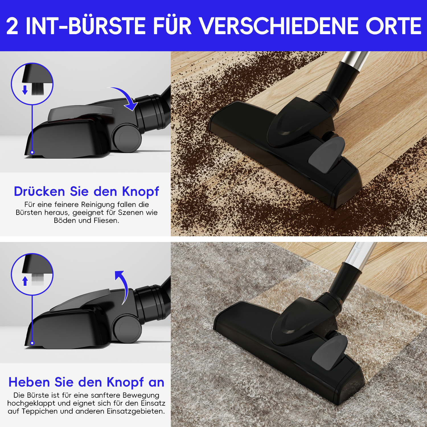 Ein schwarzer Staubsaugerkopf mit ausgefahrenen Borsten auf einem Holzboden.
