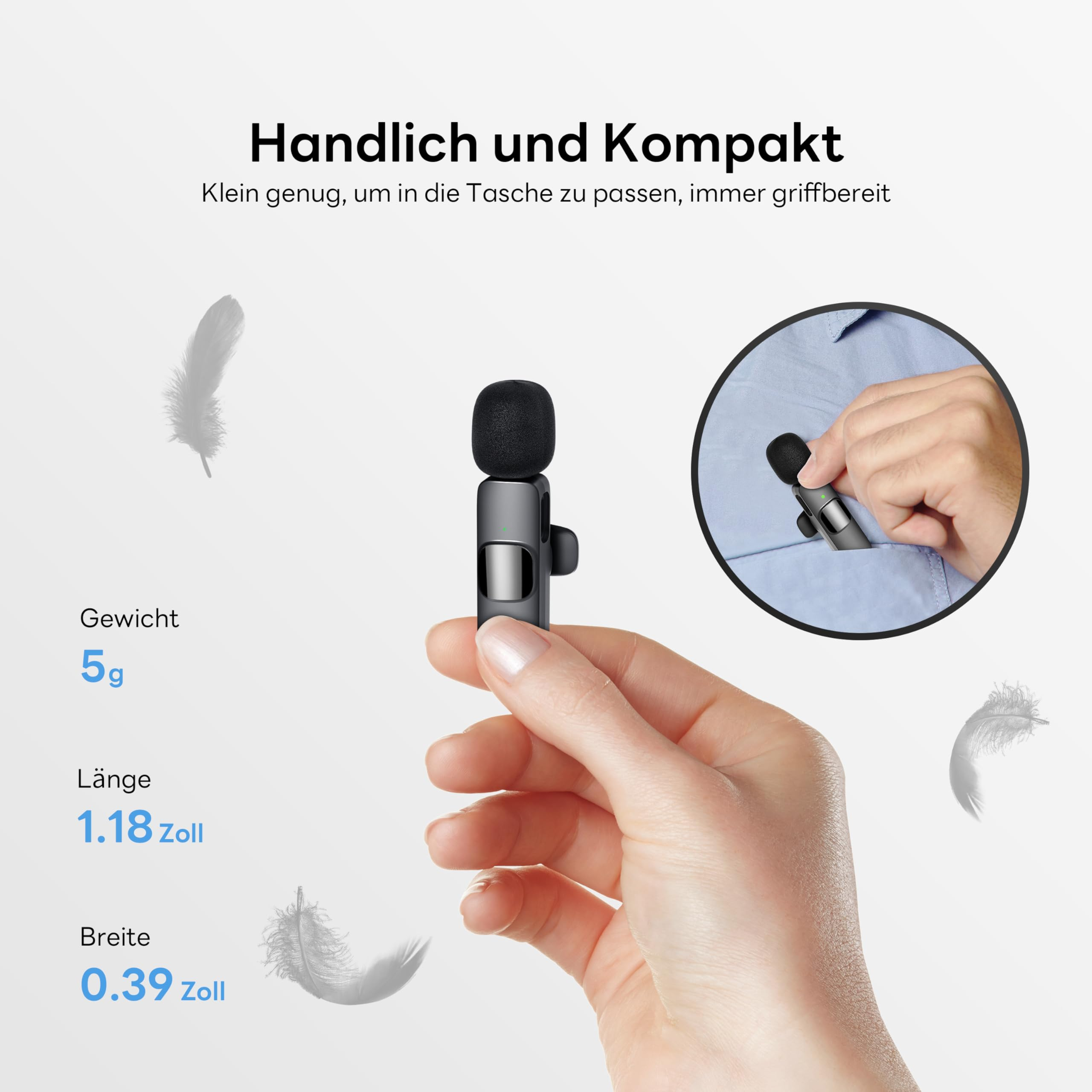 Ein Mikrofon, gehalten von einer Hand, mit Größenangaben daneben.