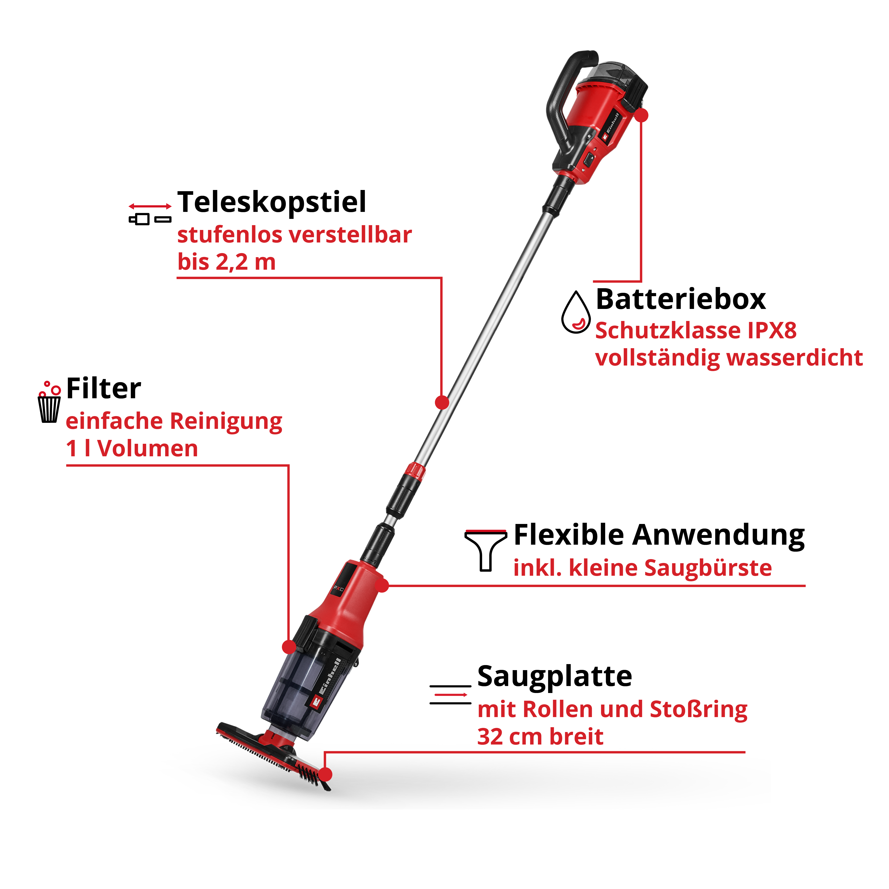Ein roter und schwarzer Akku-Staubsauger mit Teleskopstiel, Batteriebox und Saugplatte.
