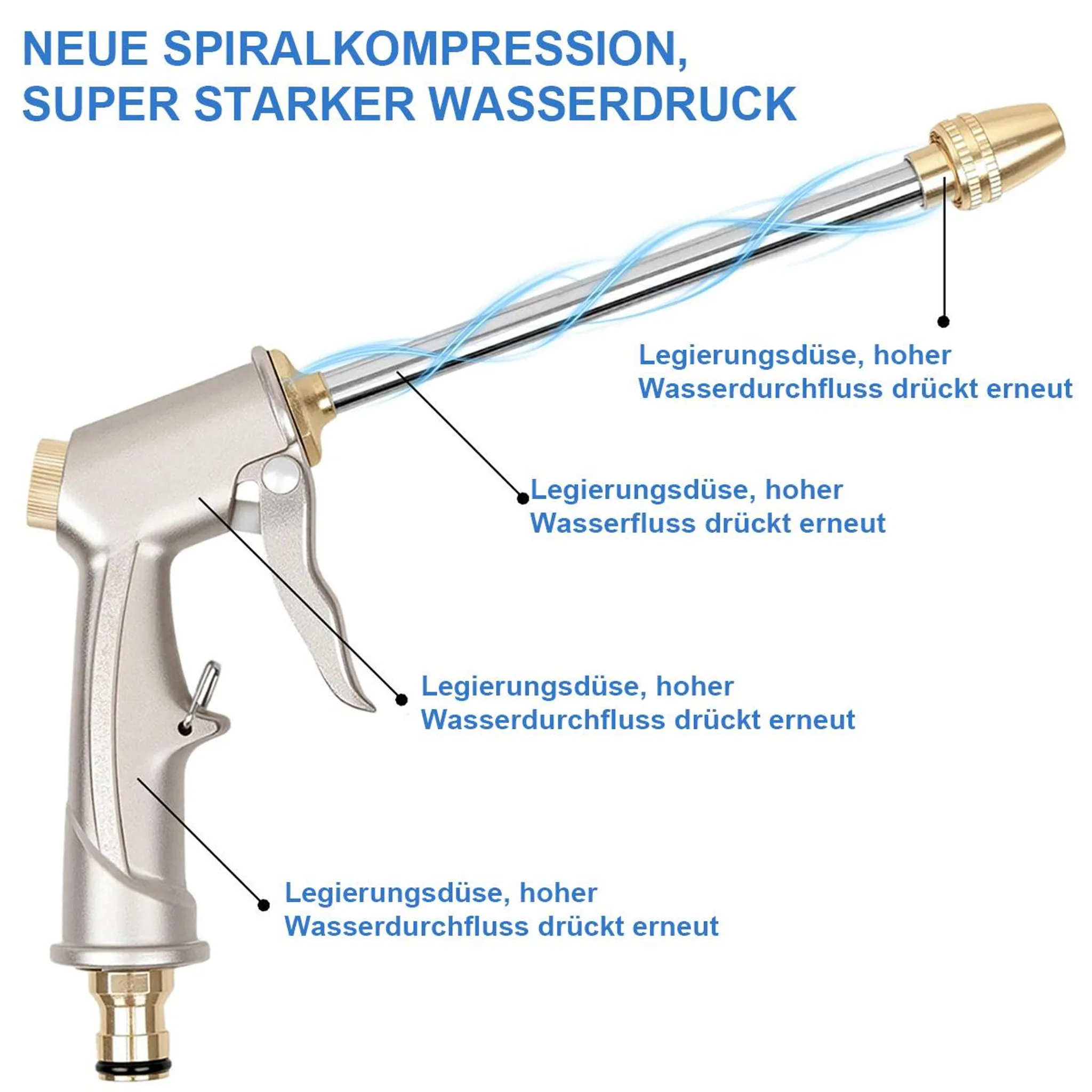 Silberne Spritzpistole mit Messingaufsatz, die Wasser sprüht.