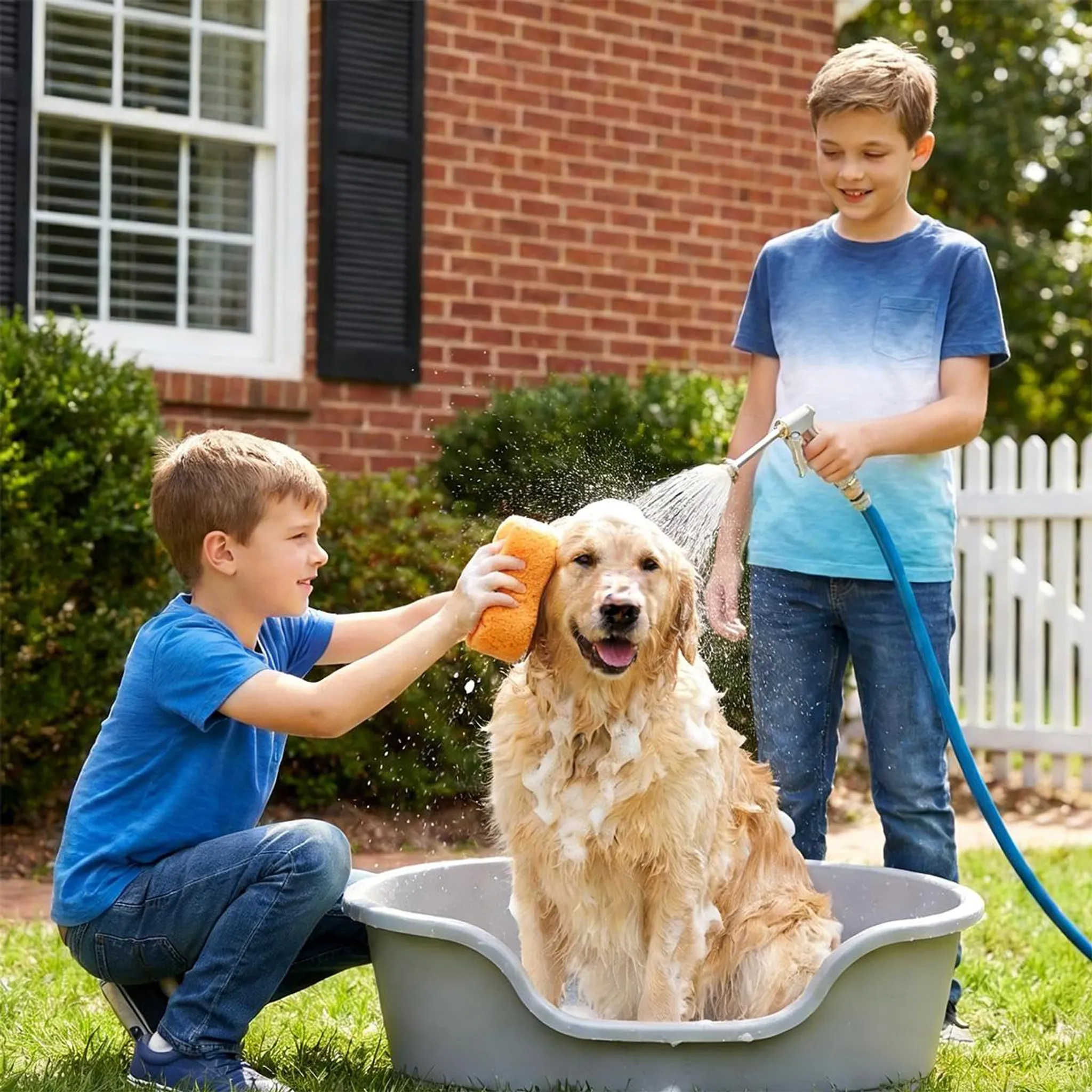 Zwei Jungen waschen einen goldenen Retriever in einer grauen Wanne im Garten.