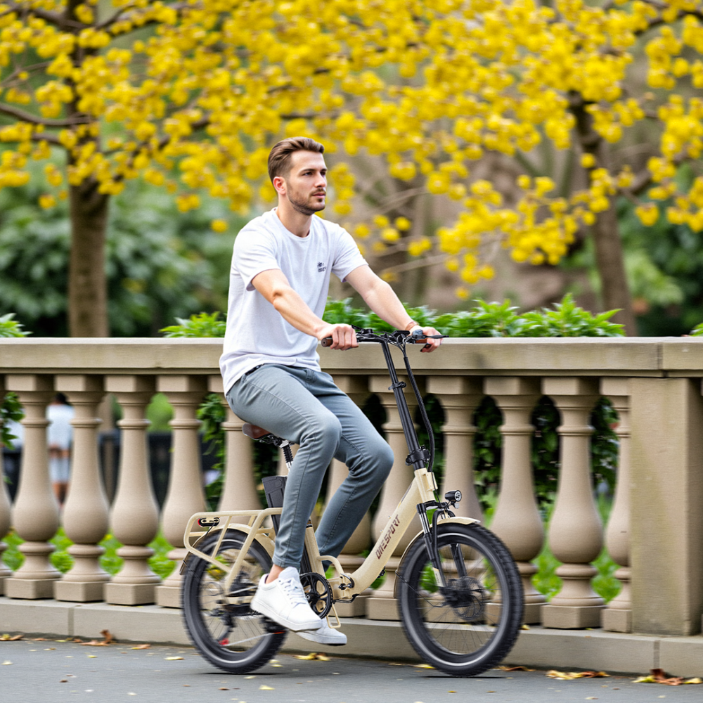 Un uomo guida una bici pieghevole beige su un sentiero con alberi e muro di pietra.