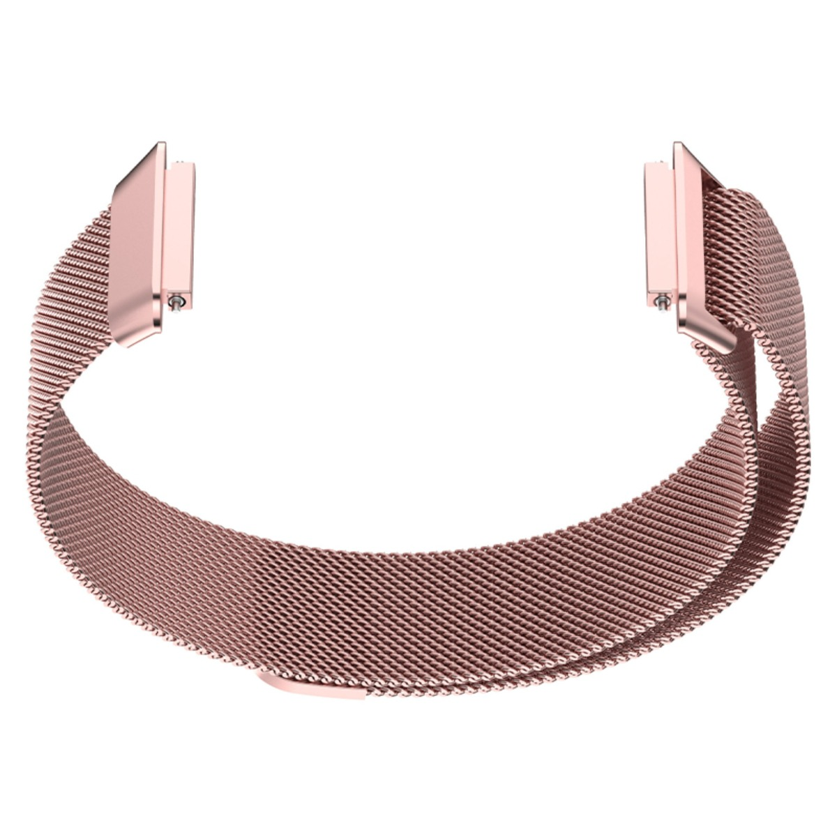 Ein roségoldenes Mesh-Uhrenarmband mit Magnetschließe, das auf weißem Hintergrund isoliert ist.