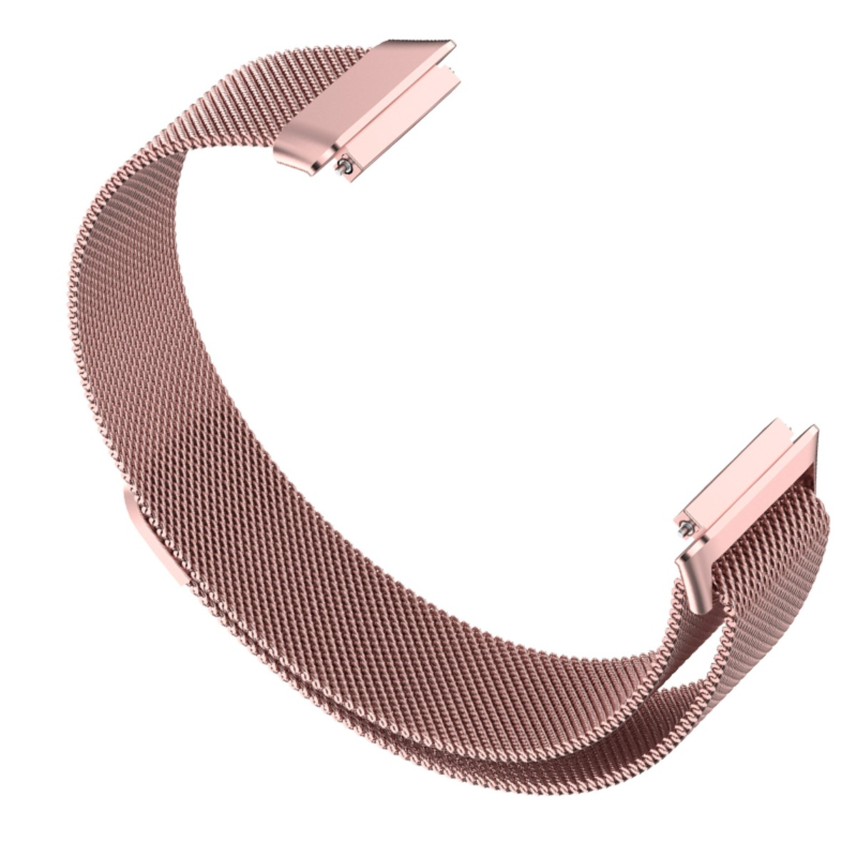 Ein roségoldenes Mesh-Armband mit Magnetverschluss auf weißem Hintergrund.