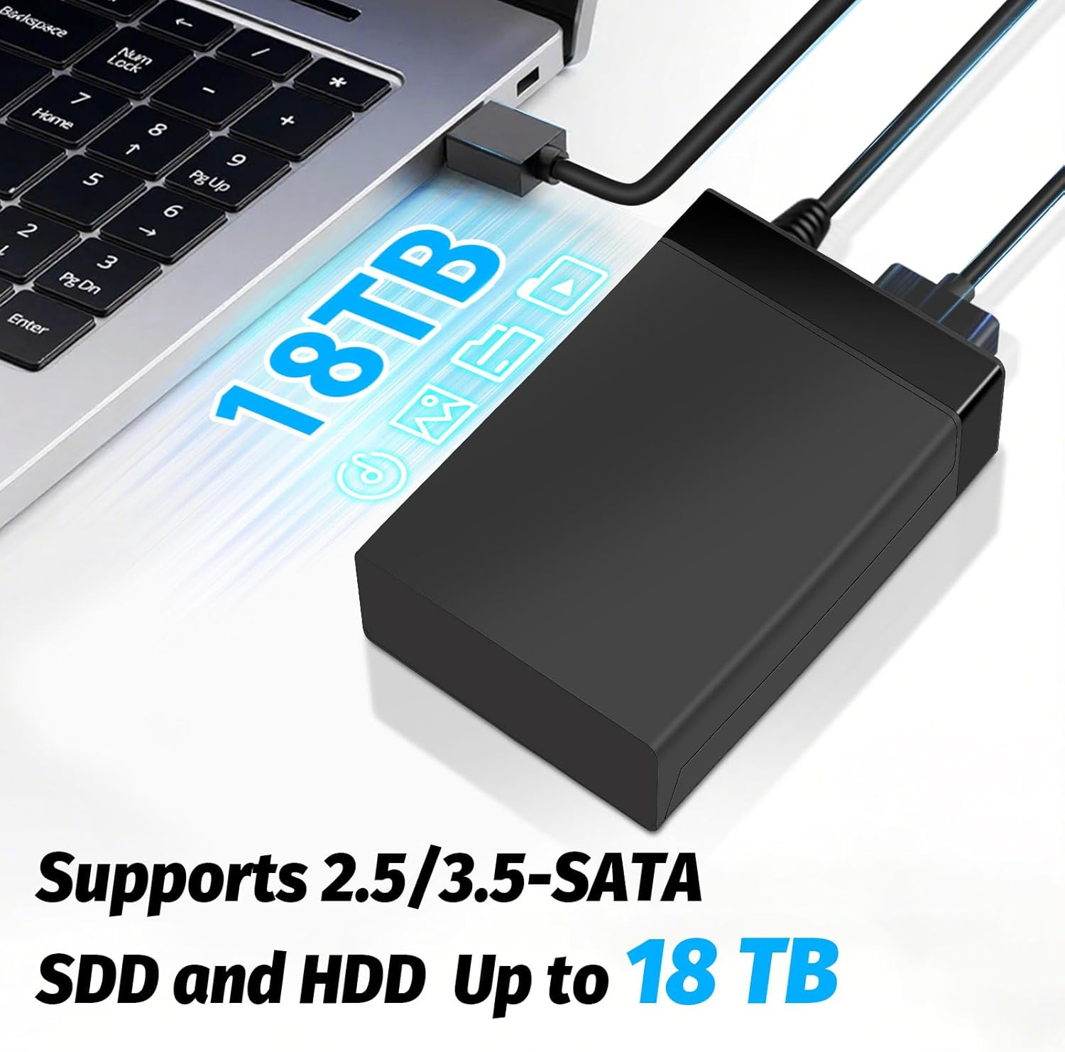 Schwarze externe Festplatte verbunden mit Laptop, unterstützt 18TB.
