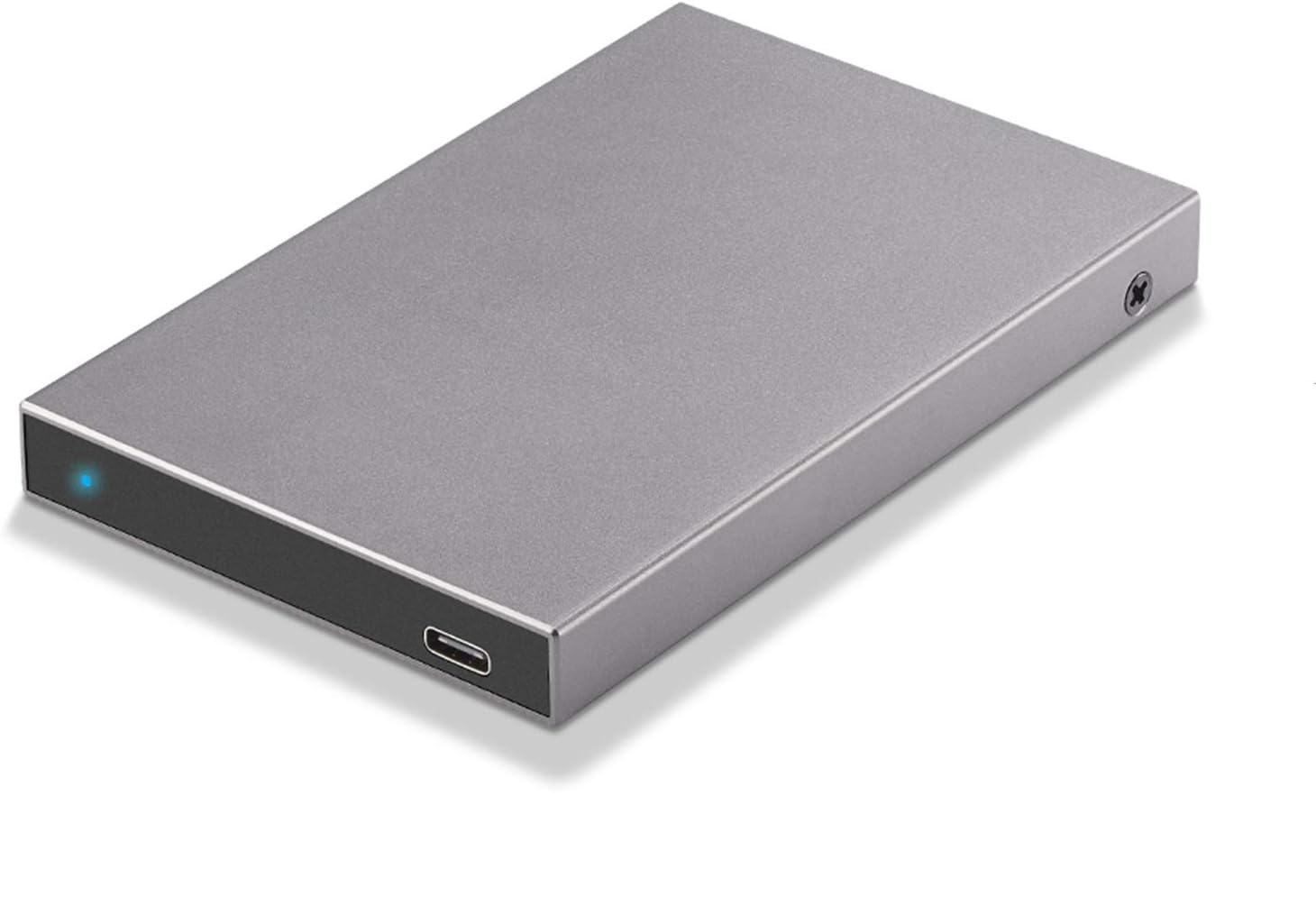Graues externes Festplattengehäuse mit USB-C-Anschluss und blauer LED.