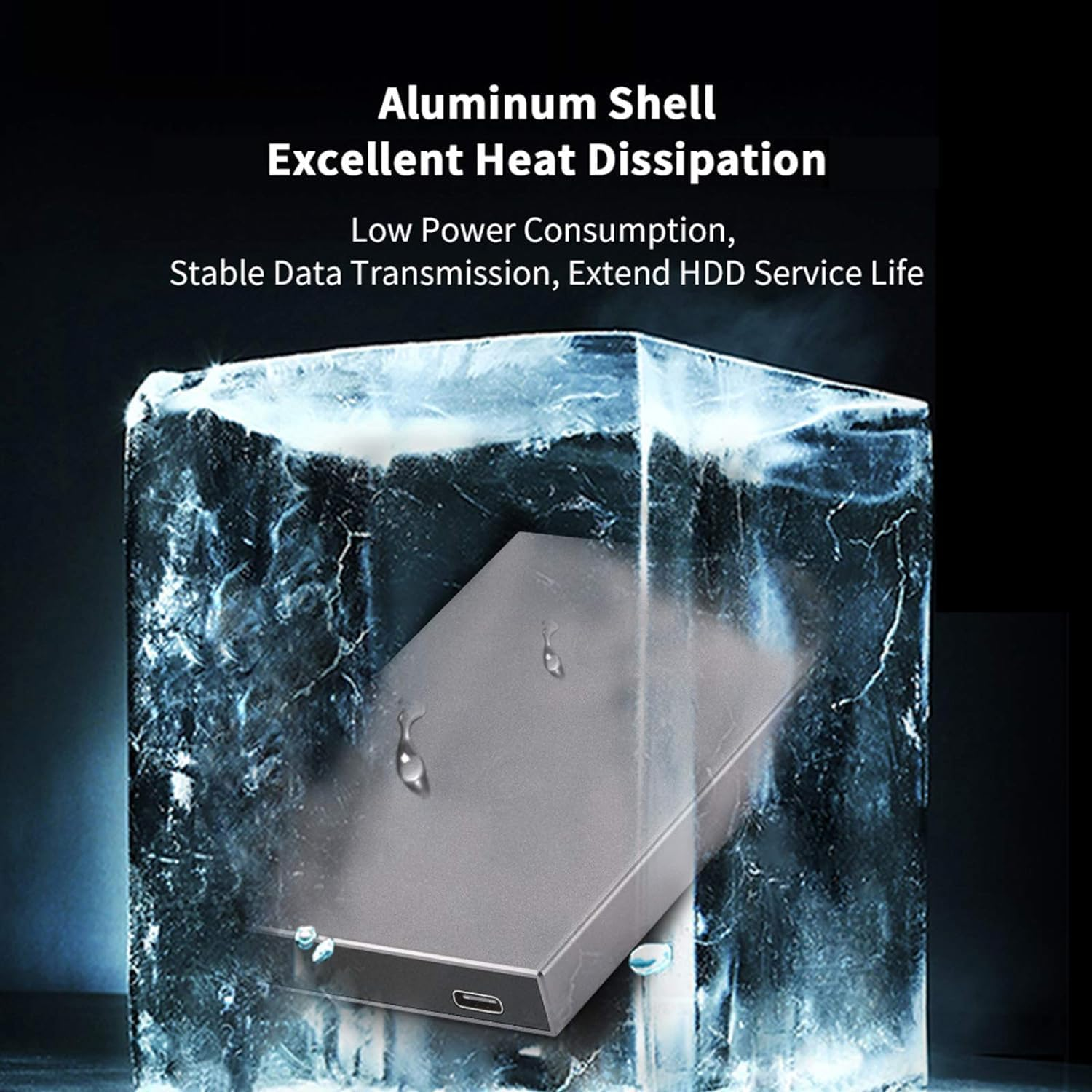 Festplatte in Aluminiumgehäuse in Eis. Hervorragende Wärmeableitung.