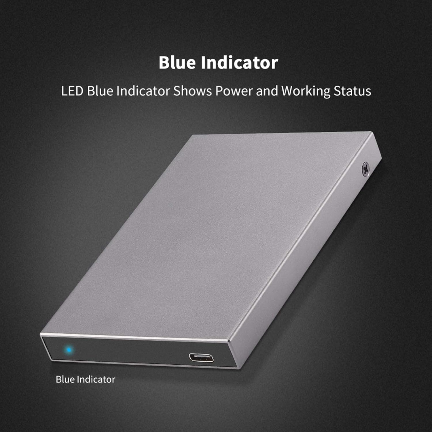 Ein graues externes Festplattengehäuse mit blauem LED-Licht.