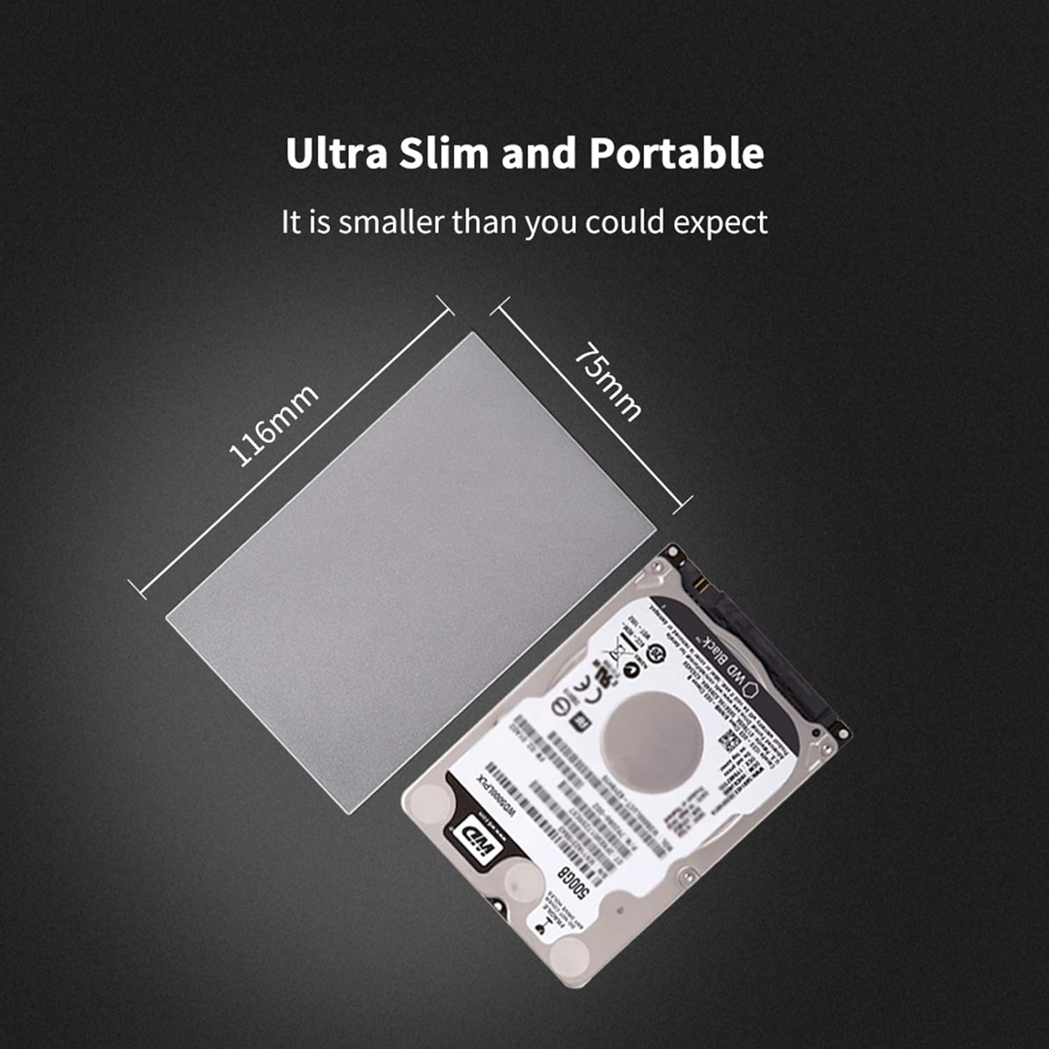 Ein 2,5-Zoll-HDD mit 500 GB, 116 mm x 75 mm, neben einem weißen Feld.