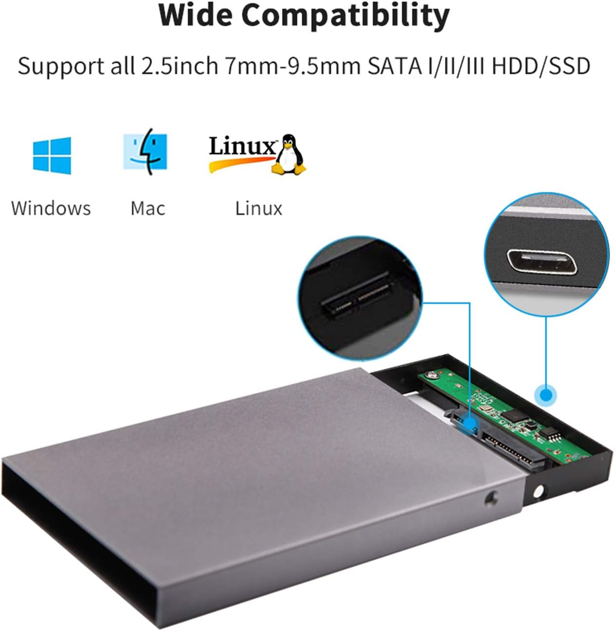 Graues Gehäuse für 2,5-Zoll-Festplatten mit SATA-Anschluss. Kompatibel mit Win/Mac/Linux.