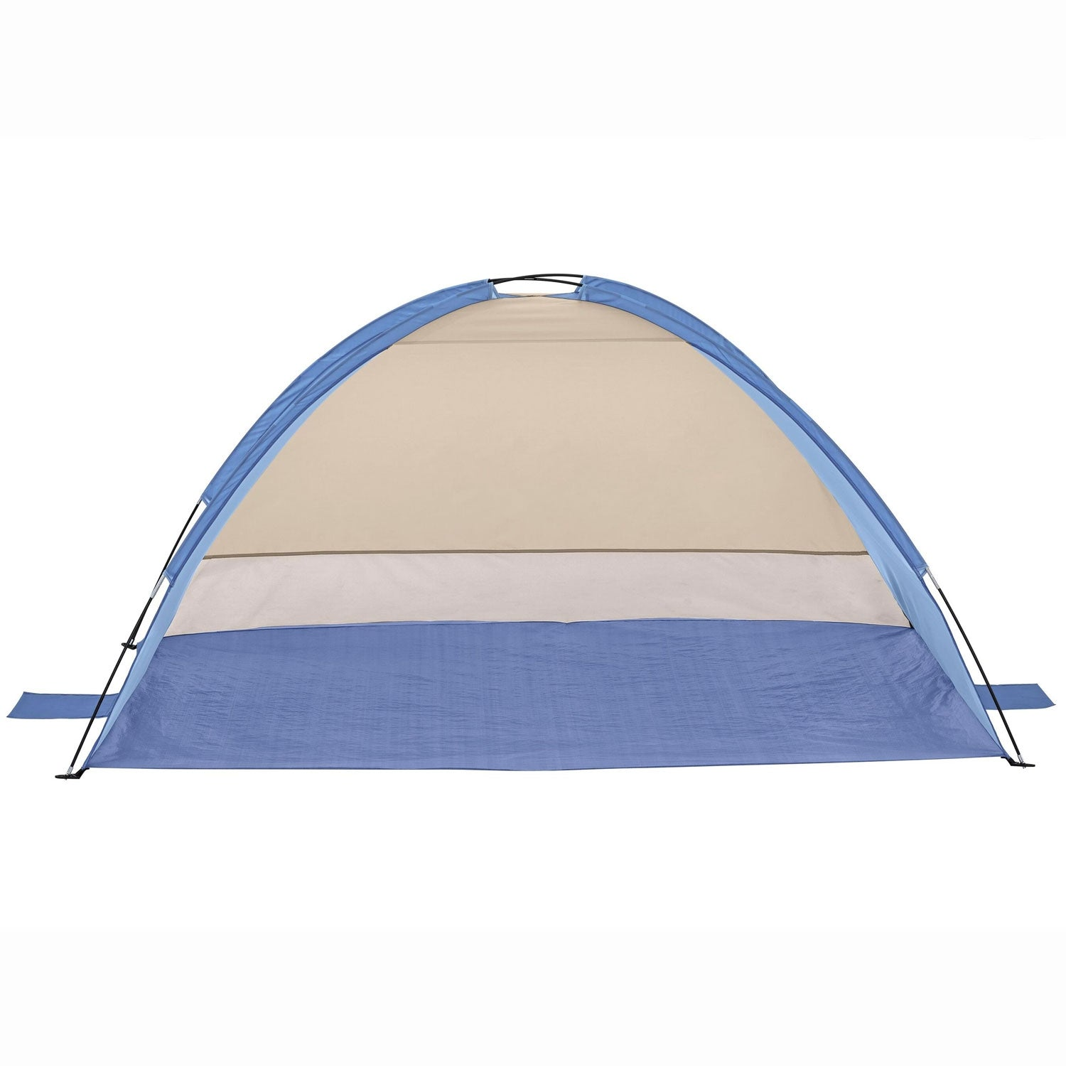 Een blauw-beige strandtent met stokken en grondflappen