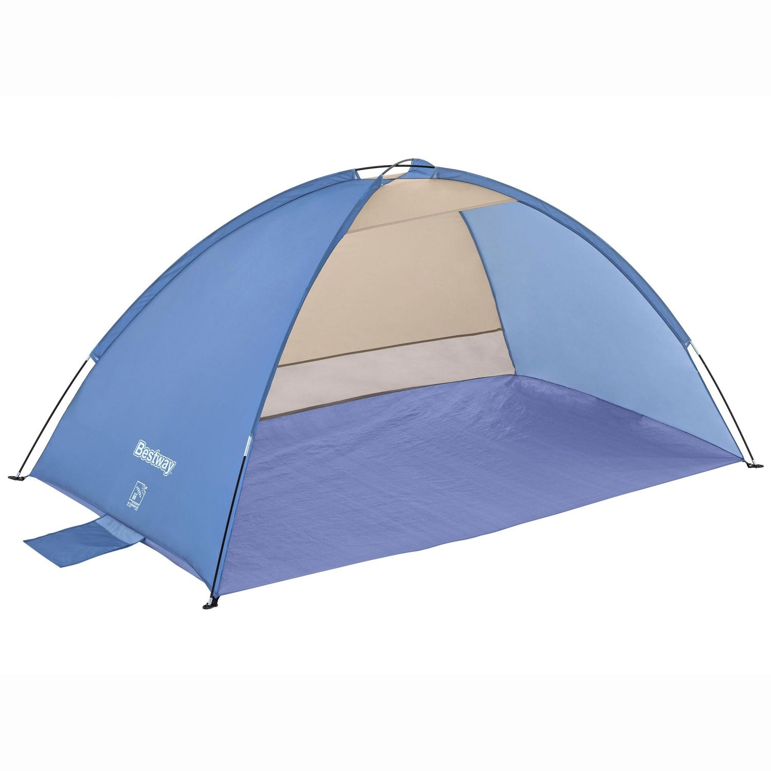 Een blauw-beige Bestway strandtent met vloer wordt op witte achtergrond getoond.