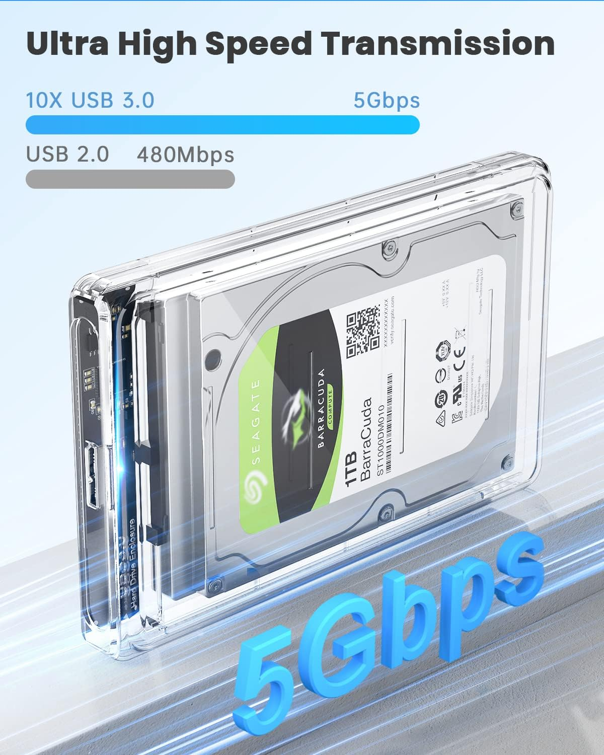 Transparente Hülle mit Seagate 1TB Barracuda HDD. Text: Ultra High Speed Transmission.